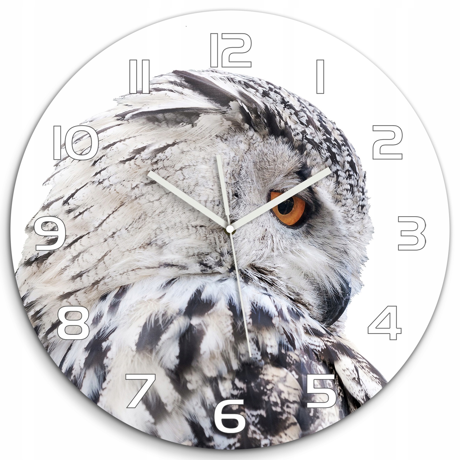 

Duży okrągły zegar ze szkła Biała sowa fi 60 cm