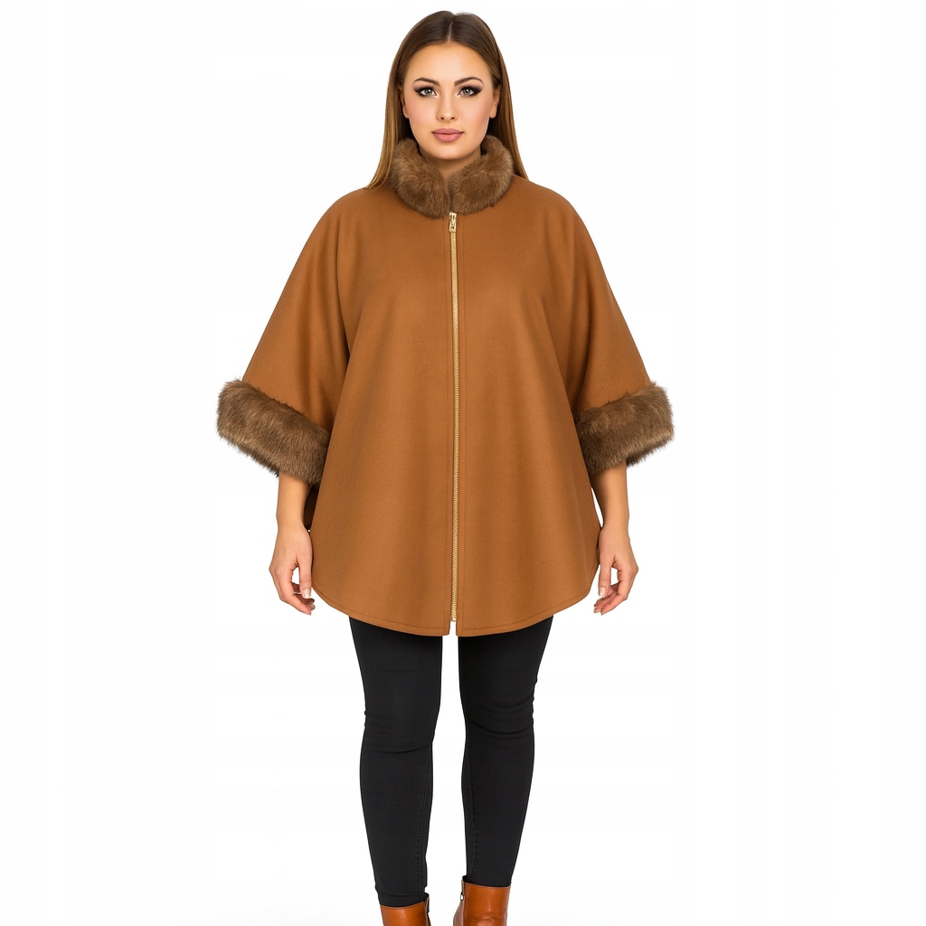 Karamelové pončo s kožešinovými akcenty pončo na jaro, přehoz one size