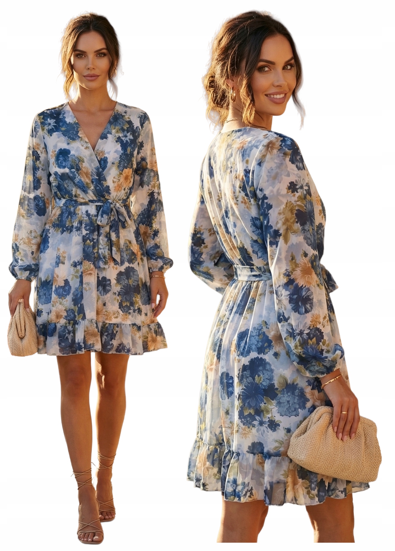 Šaty Mini Květinové Květiny Vzdušná Šifonová Zavazovací Pásek Svatební Hostina Boho