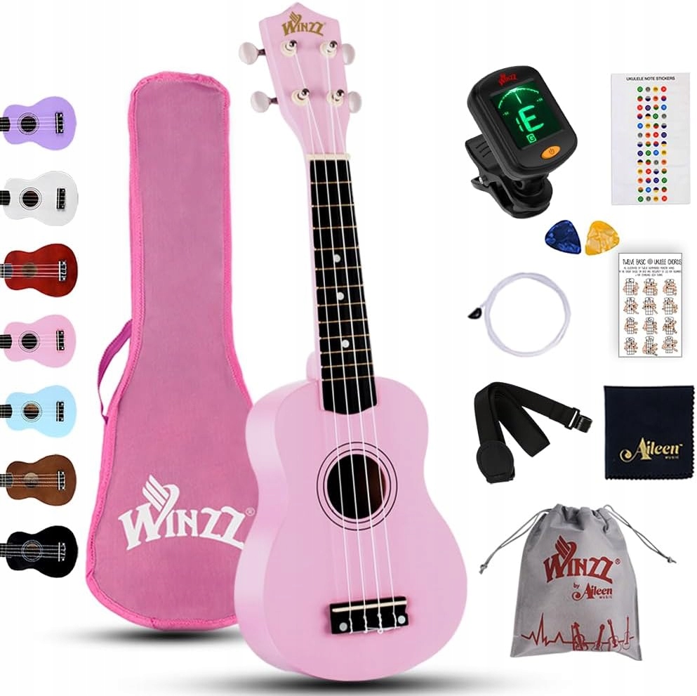 UKULELE SOPRANOWE WINZZ ZESTAW DLA POCZĄTKUJĄCYCH POKROWIEC STRUNY RÓŻOWE