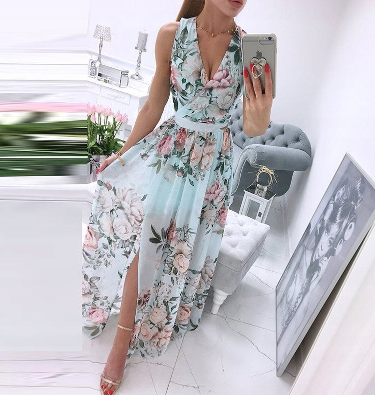 ZWIEWNA SUKIENKA DŁUGA W KWIATY MAXI KOKTALIOWA M Długość maxi