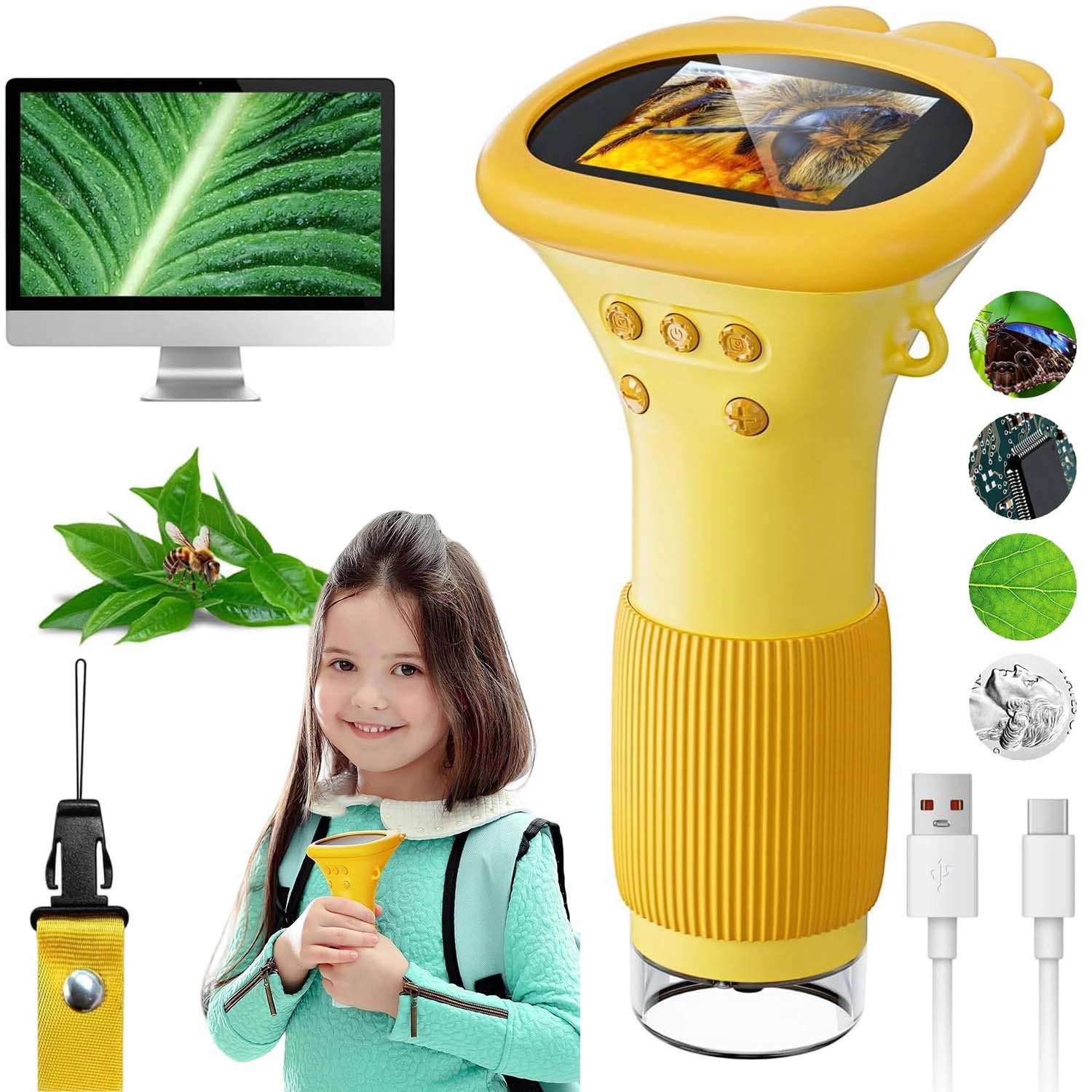 Přenosný Led Mikroskop Pro Děti 1000 X 2PALCOVÝ Displej, Lehký A Pohodlný Usb