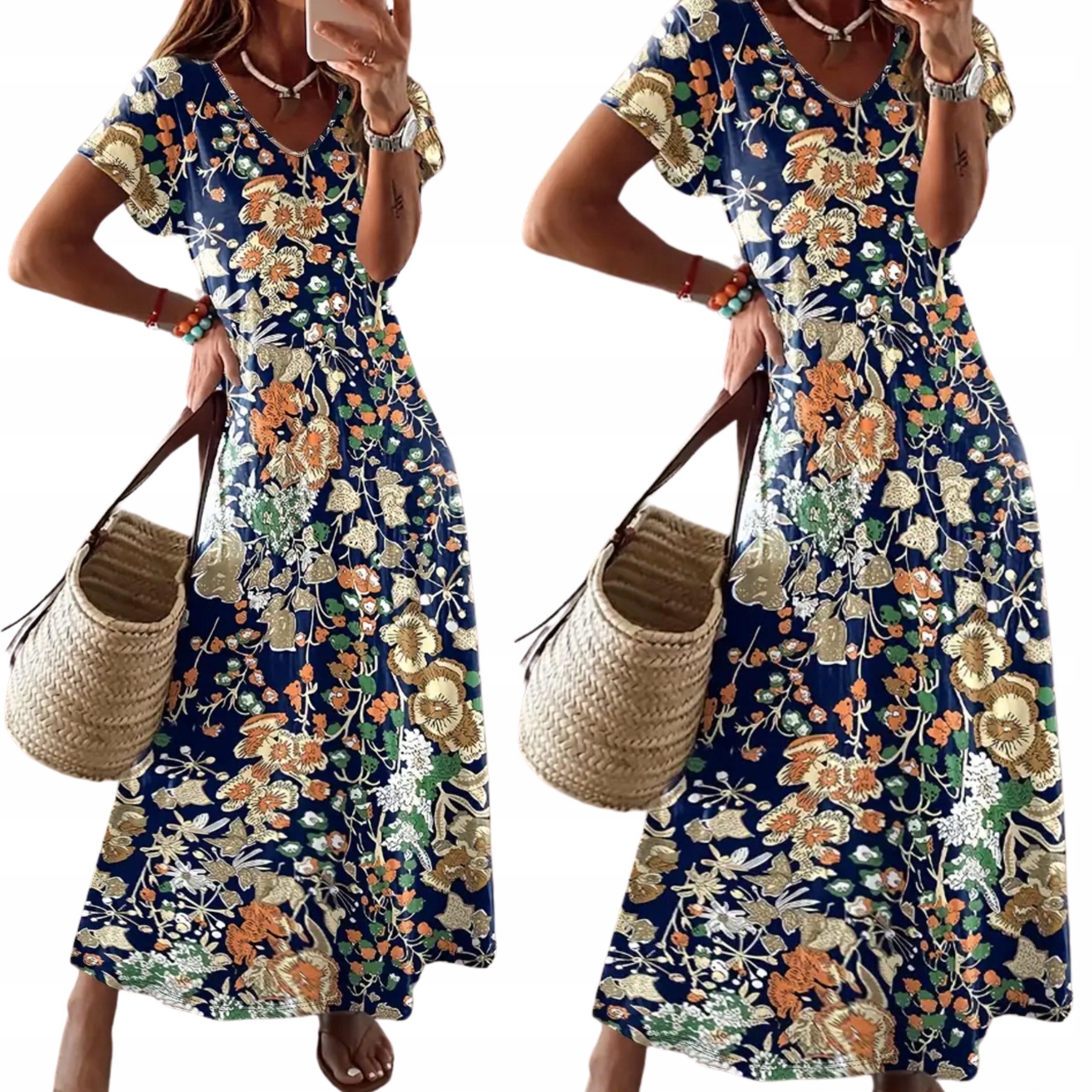 Letnia sukienka maxi w kwiaty styl boho wielokolorowa krótki rękaw długa