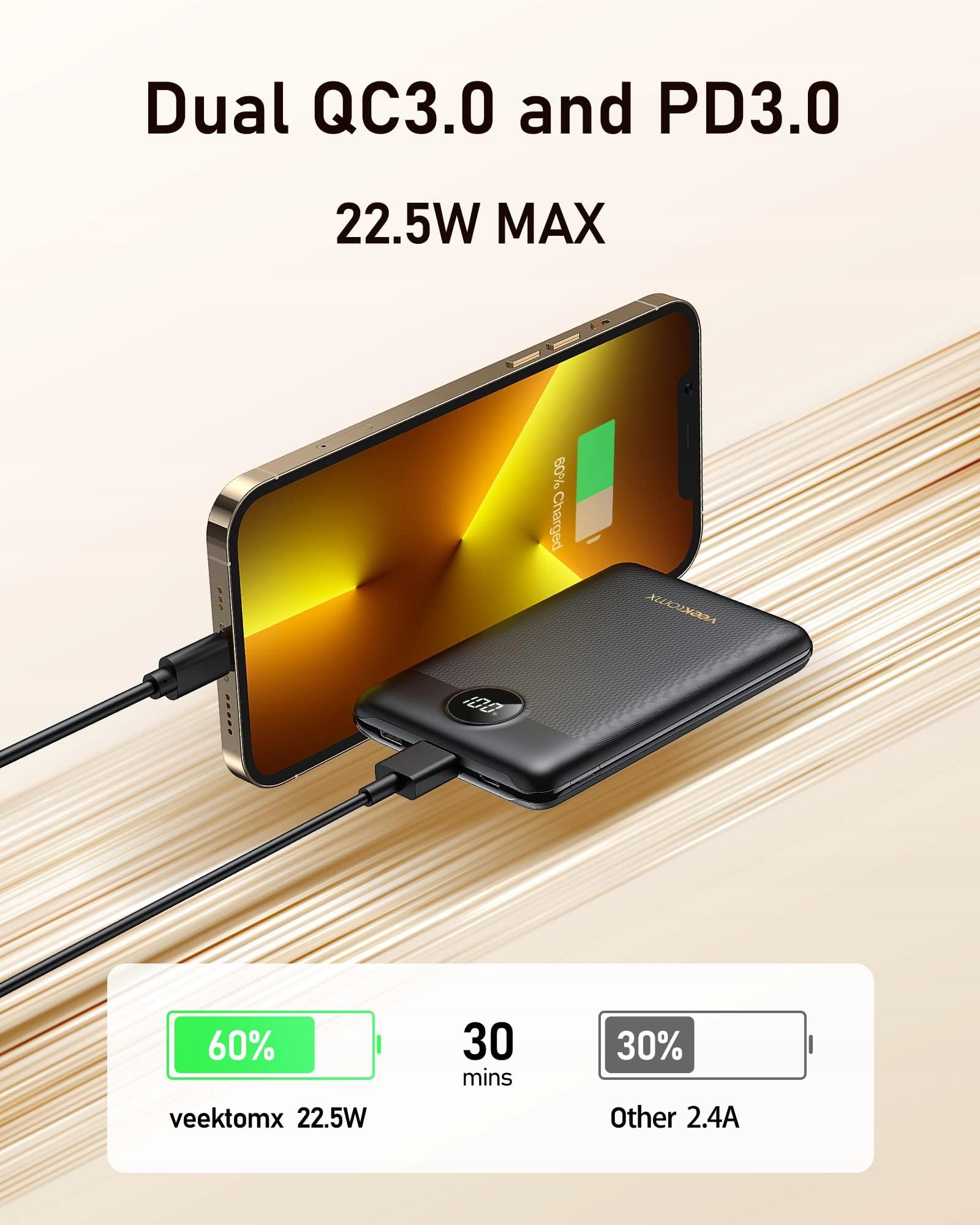 VEEKTOMX 10000mAh Powerbank 22.5W USB C for iPhone Samsung Huawei — miniatura 3