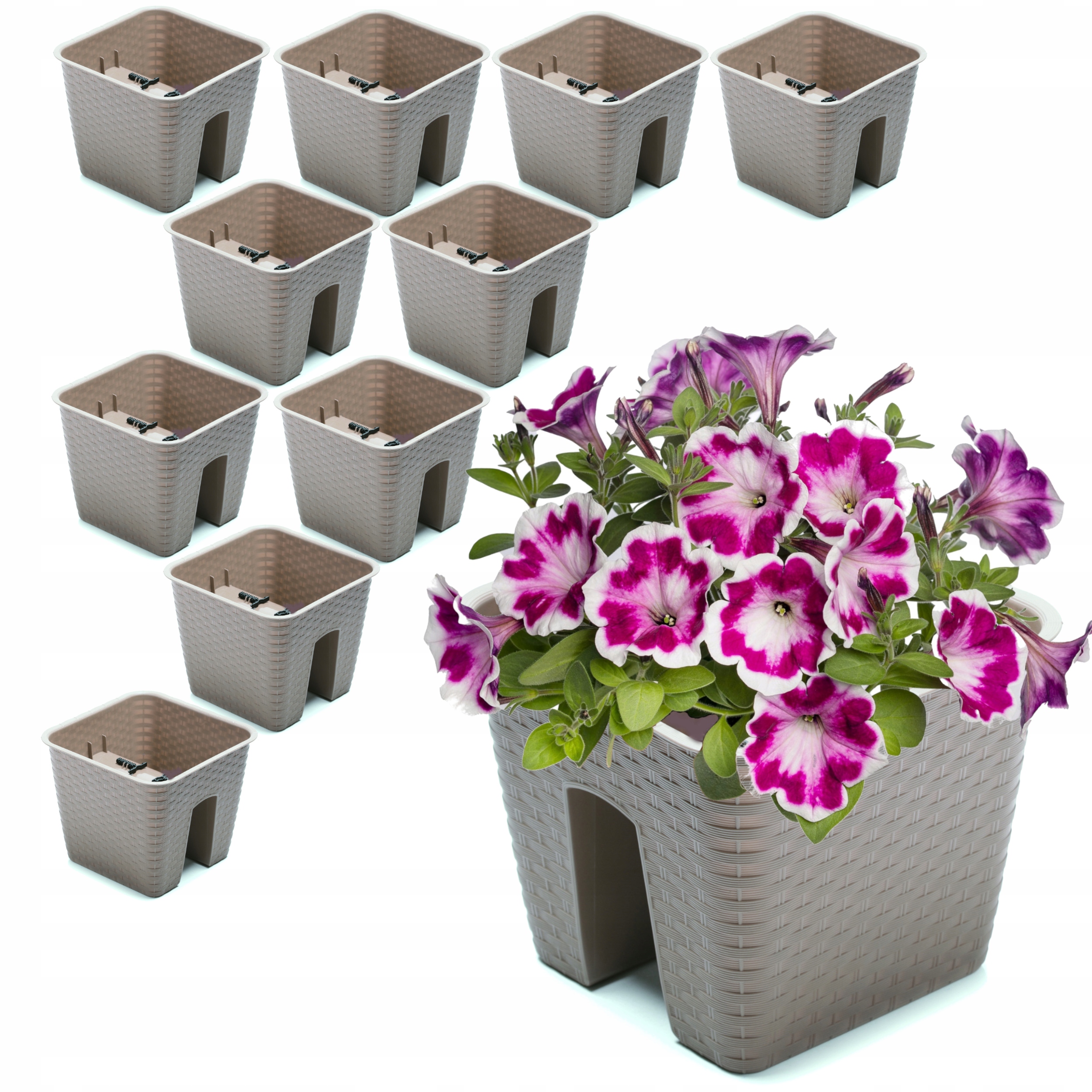 10 x Krabička na kvetináč 27,2 x 27,2 cm Ratan Mokka 8,5 L, zábradlie, zábradlie