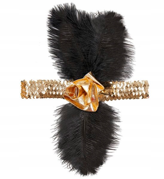 OPASKA RETRO LATA 20-TE ZŁOTA Z KWIATEM I PIÓREM