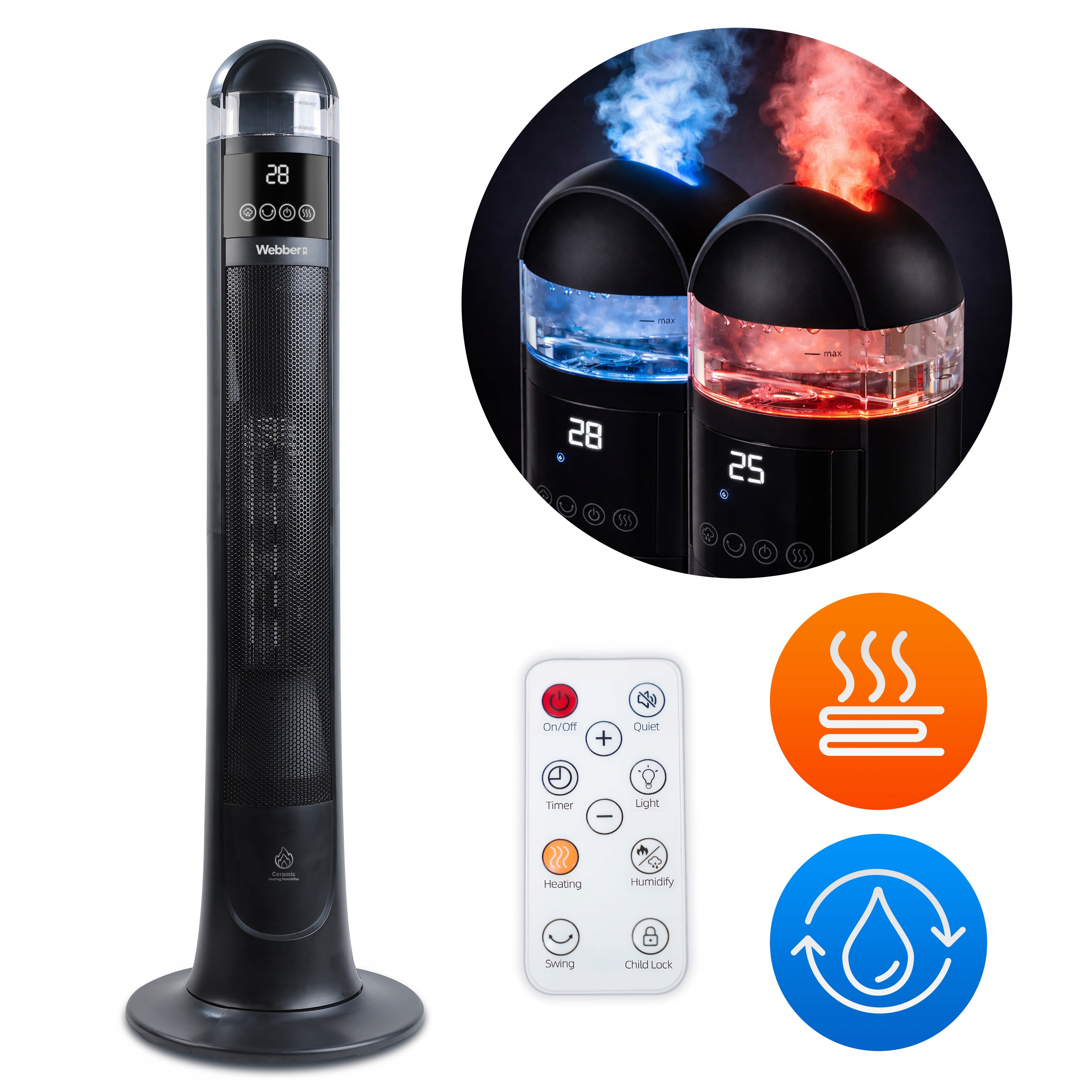 Keramický ohřívač Termoventilátor Sloupový Webber 2200 W se zvlhčovačem