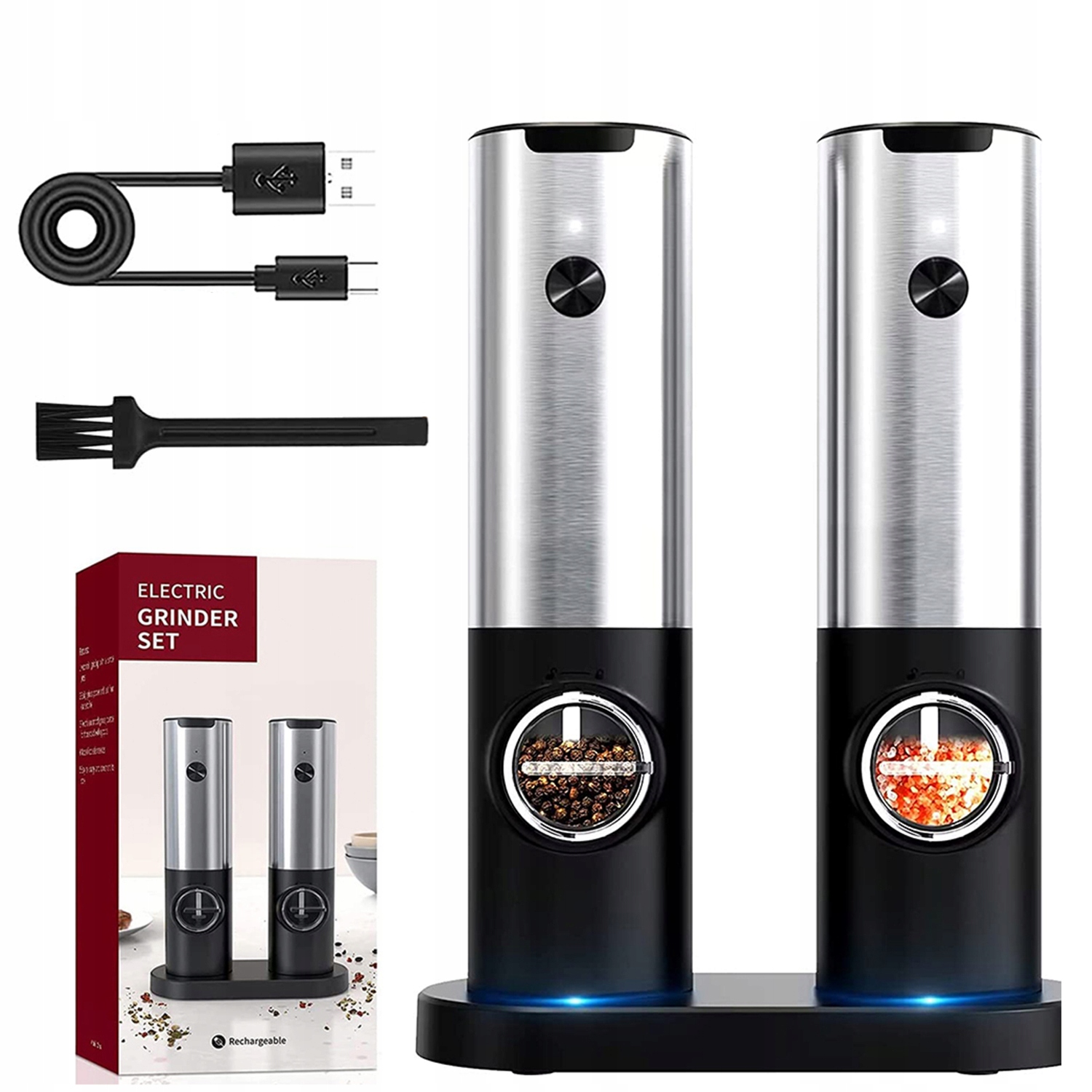 2KS Elektrický Mlýnek Na Pepř Z Nerezové Oceli, Nabíjení Přes Usb