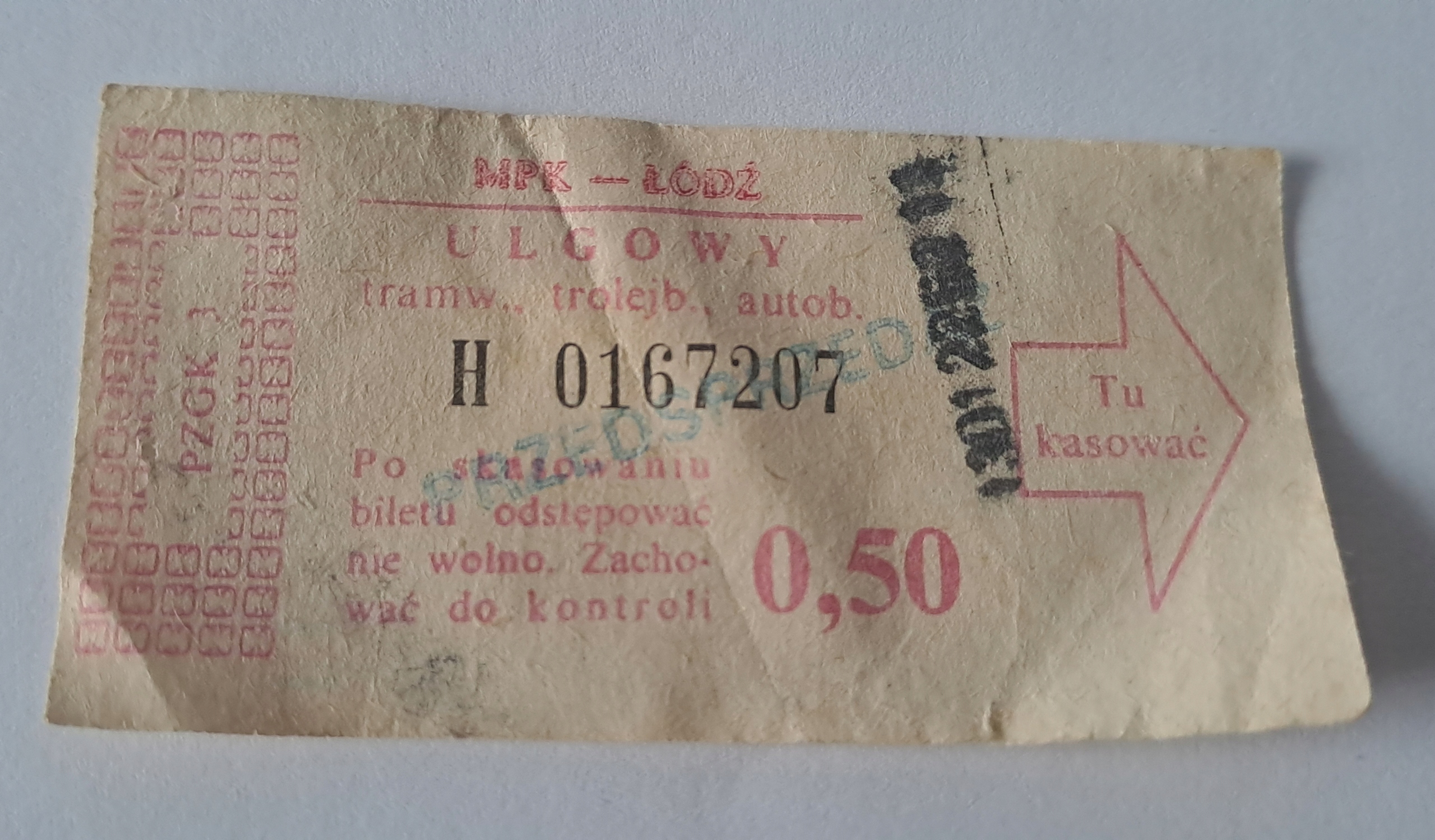 BILET MPK ŁÓDŹ 0,50zł (H) TRAMWAJ TROLEJBUS AUTOBUS PRL