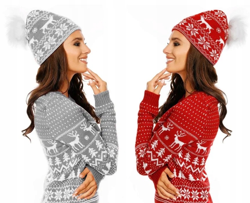 KOMPLET ŚWIĄTECZNY SWETER PODKOLANÓWKI CZAPKA BIAŁY ŚWIĘTA PREZENT + GRATIS Materiał dominujący akryl