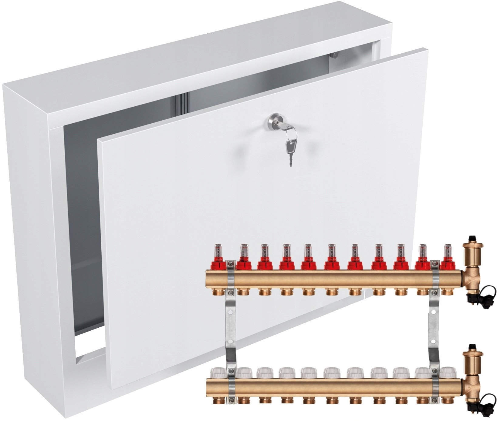 Mosazný rozdělovač pro podlahové topení 11 sekcí Nástěnná Skříňka