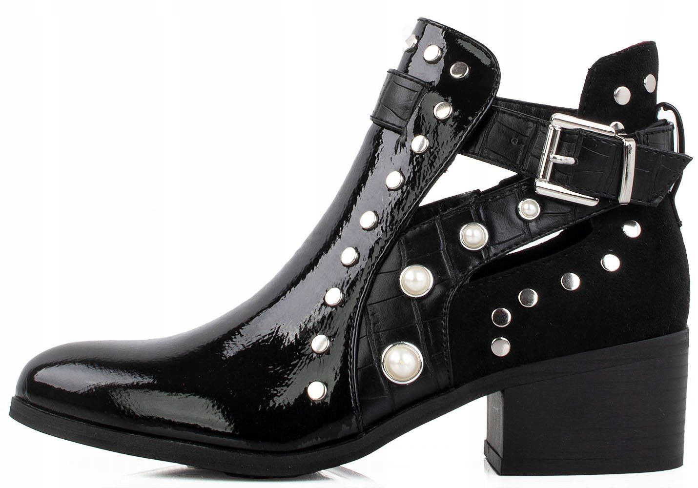 CZARNE BOTKI LAKIEROWANE Z DŻETAMI DAMSKIE 39 Rozmiar 39