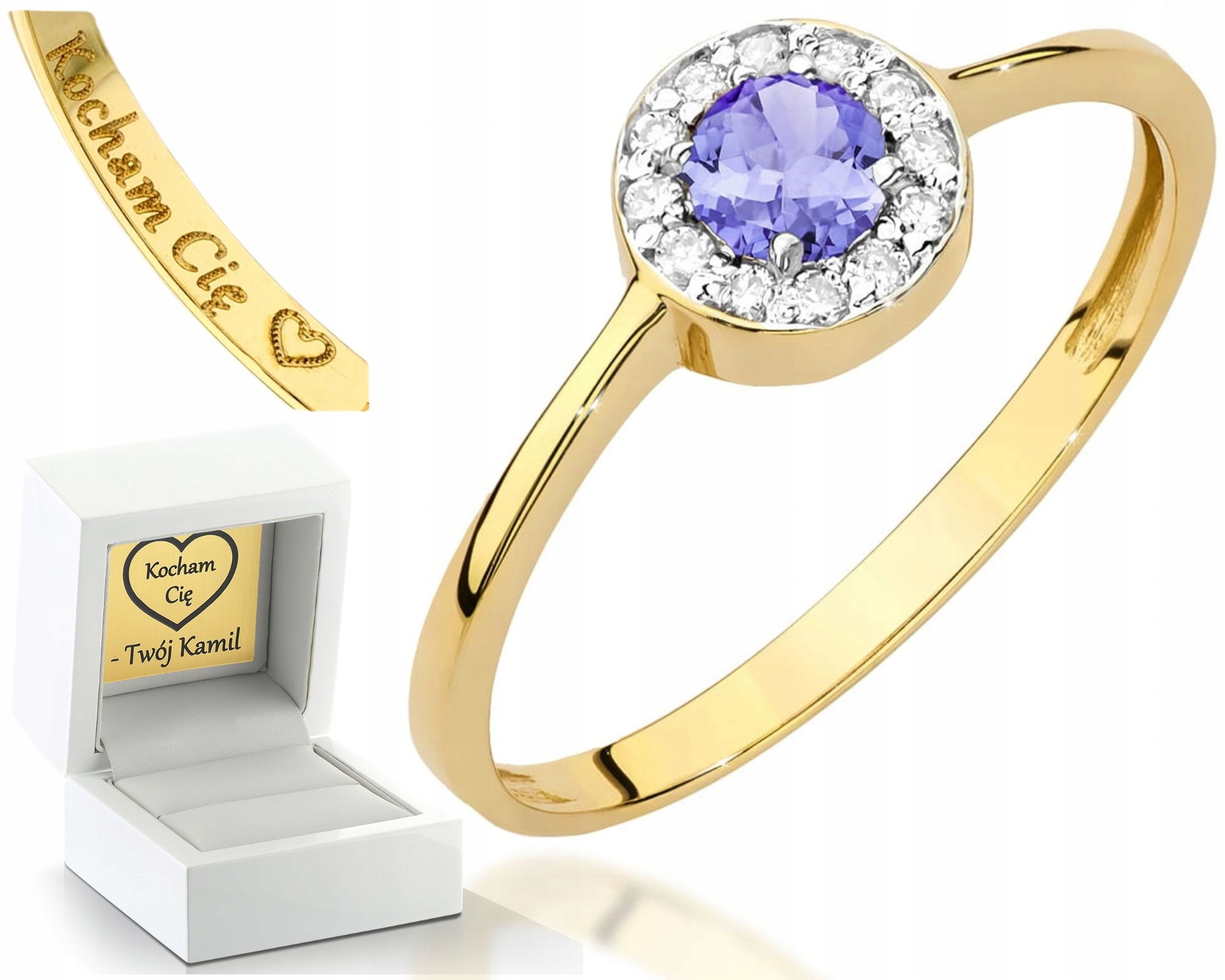 Zlatý Prstýnek Prsten S Diamanty A Tanzanitem, Žluté Zlato, Gravírování 585