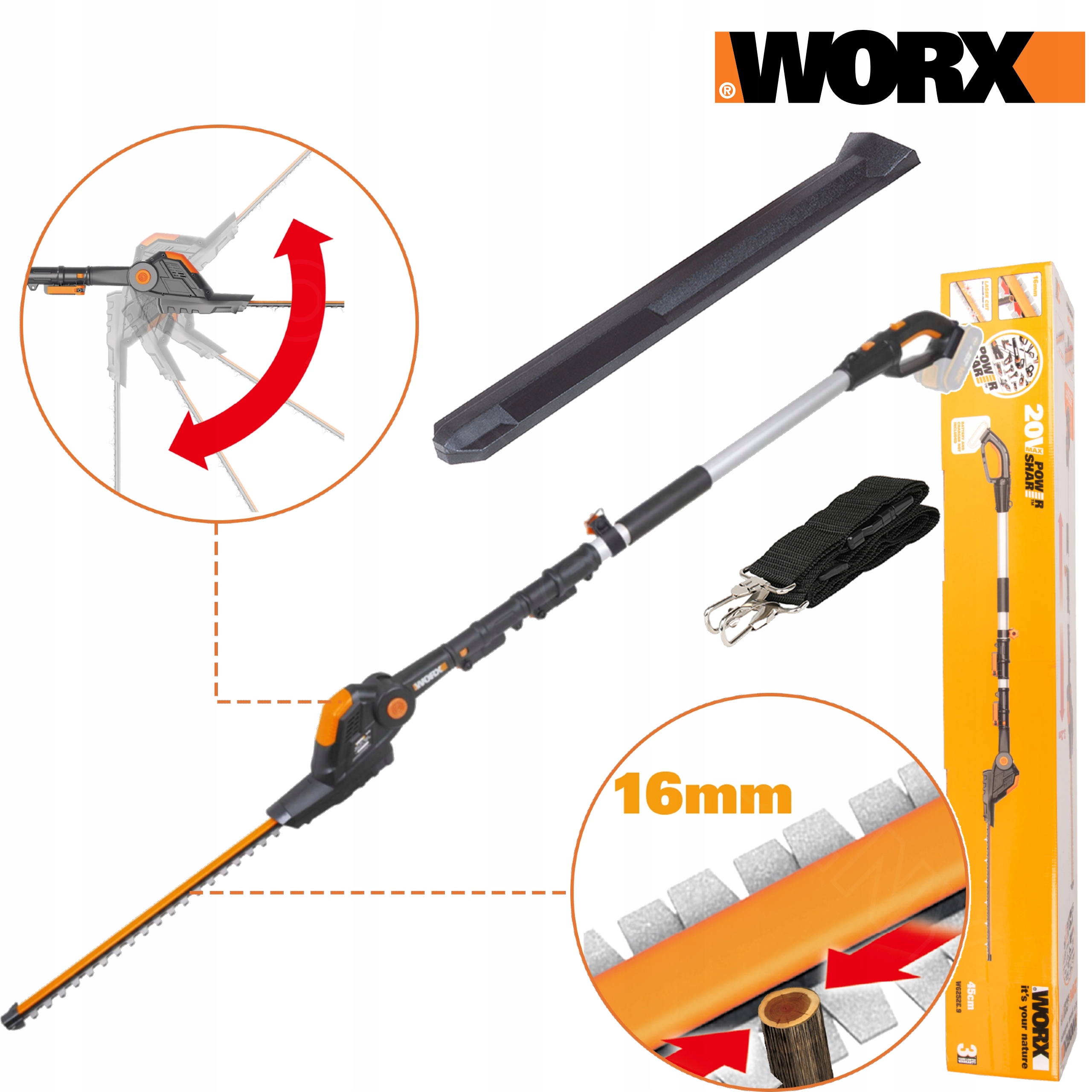 Nożyce Do Żywopłotu Na Wysięgniku Worx WG252E.9 20V 45cm 3,2m Zasięgu