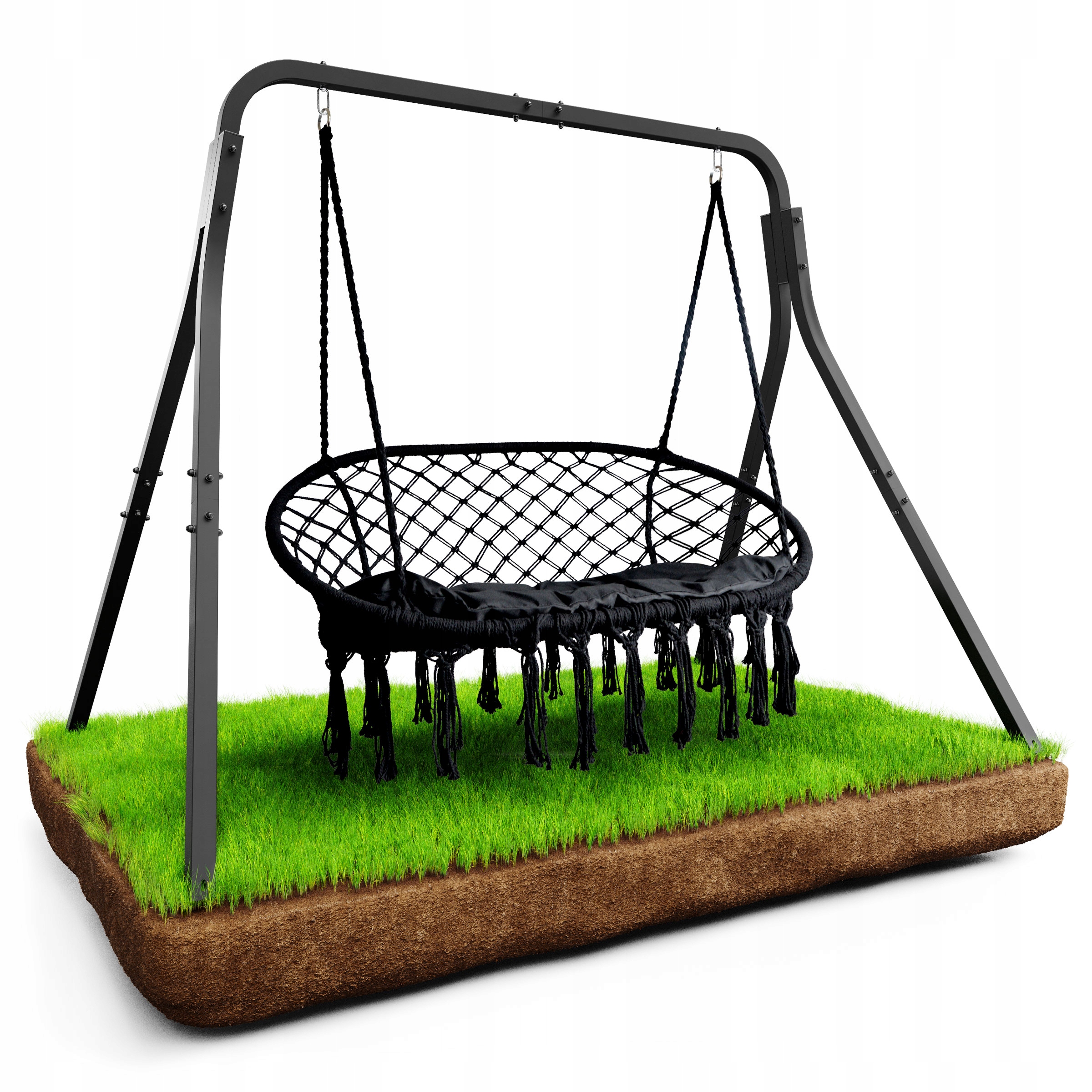 Kovová dvoumístná zahradní houpačka s polštářem, kokon, houpací koš, boho