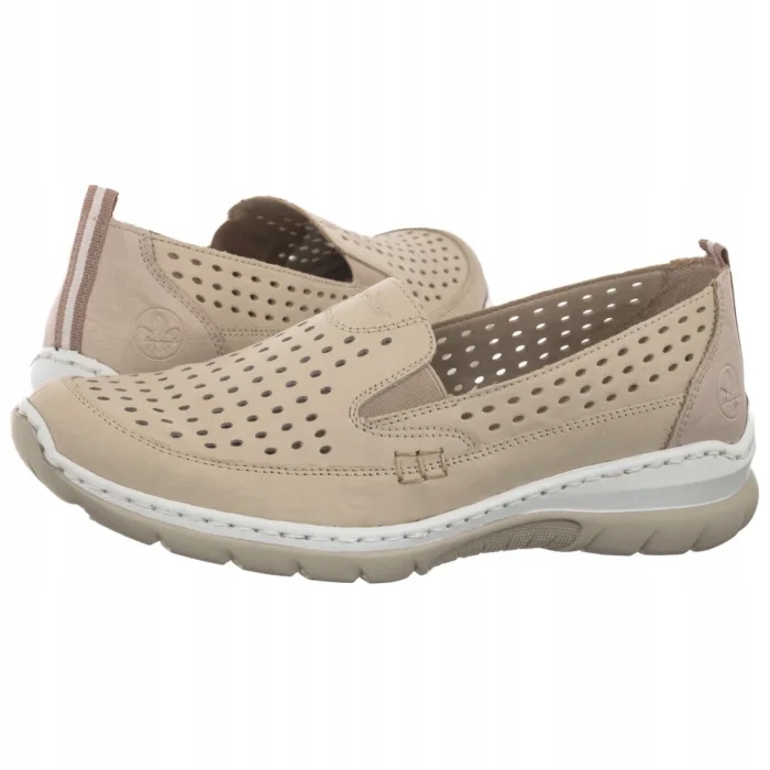 Buty Skórzane Damskie Półbuty Ażurowe Rieker Beżowe L32F4-60 Beige