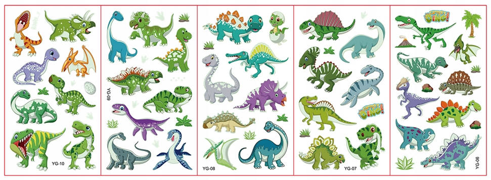 TATUAŻE ZMYWALNE KALKOMANIE ŚWIECĄCE W CIEMNOŚCI DINOZAUR 5 ARKUSZY Kod producenta YG-06-10