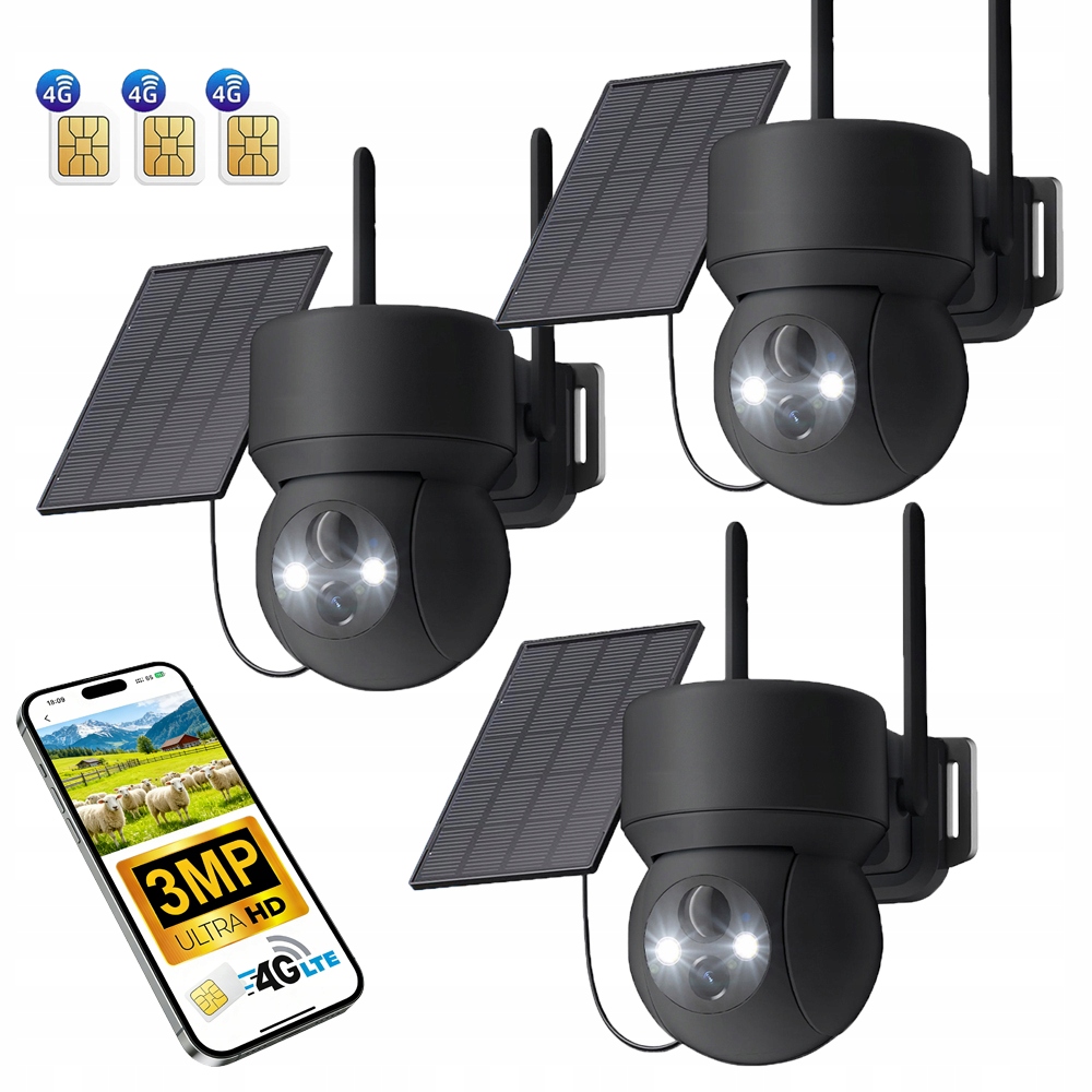 3 kusy Venkovní kamera na Sim kartu otočná Ip Zoom 3Mpx 4G Lte 4xZoom