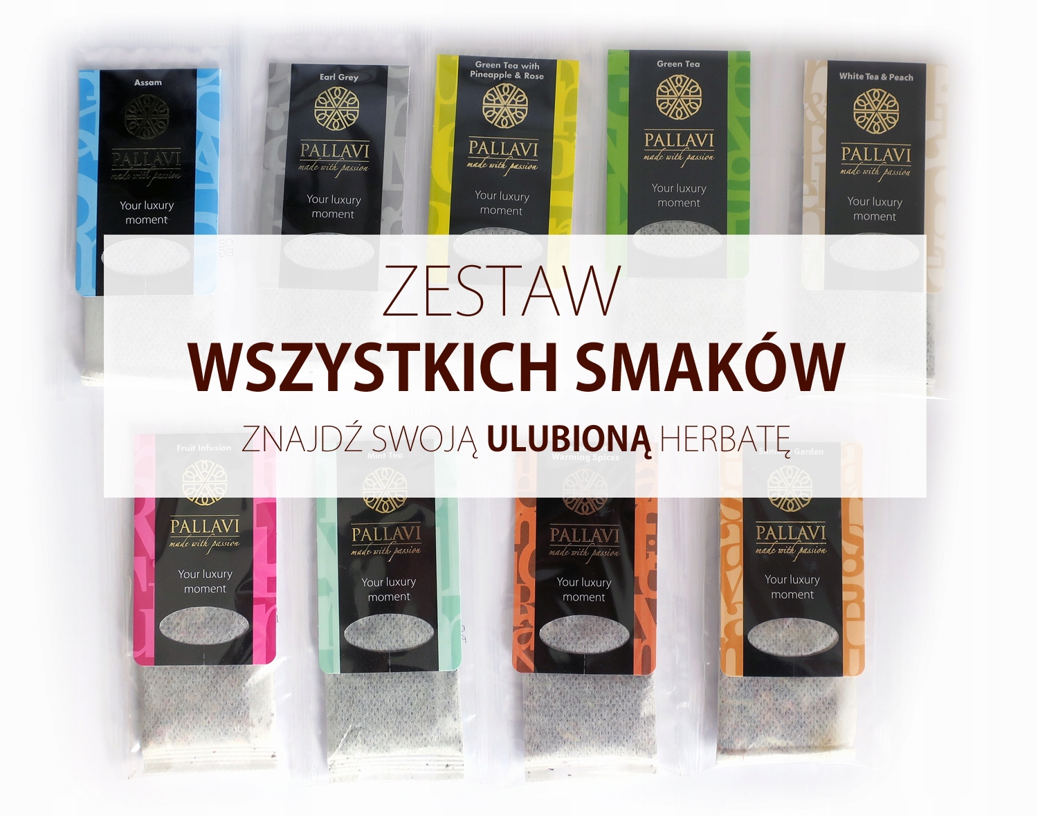 Herbata Pallavi duży zestaw wszystkich smaków 54 długich saszetek