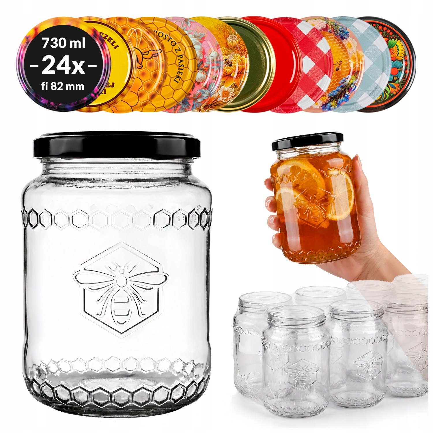 24 x skleněné sklenice na med povidla džemy zavařeniny 730 ml uzávěry 82 ml