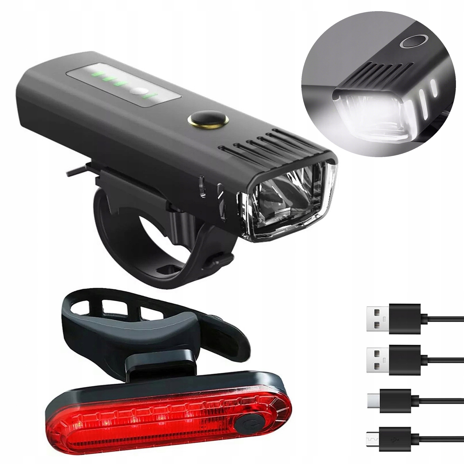 MOCNA LAMPKA ROWEROWA LED PRZEDNIA USB TYLNA OŚWIETLENIE ZESTAW