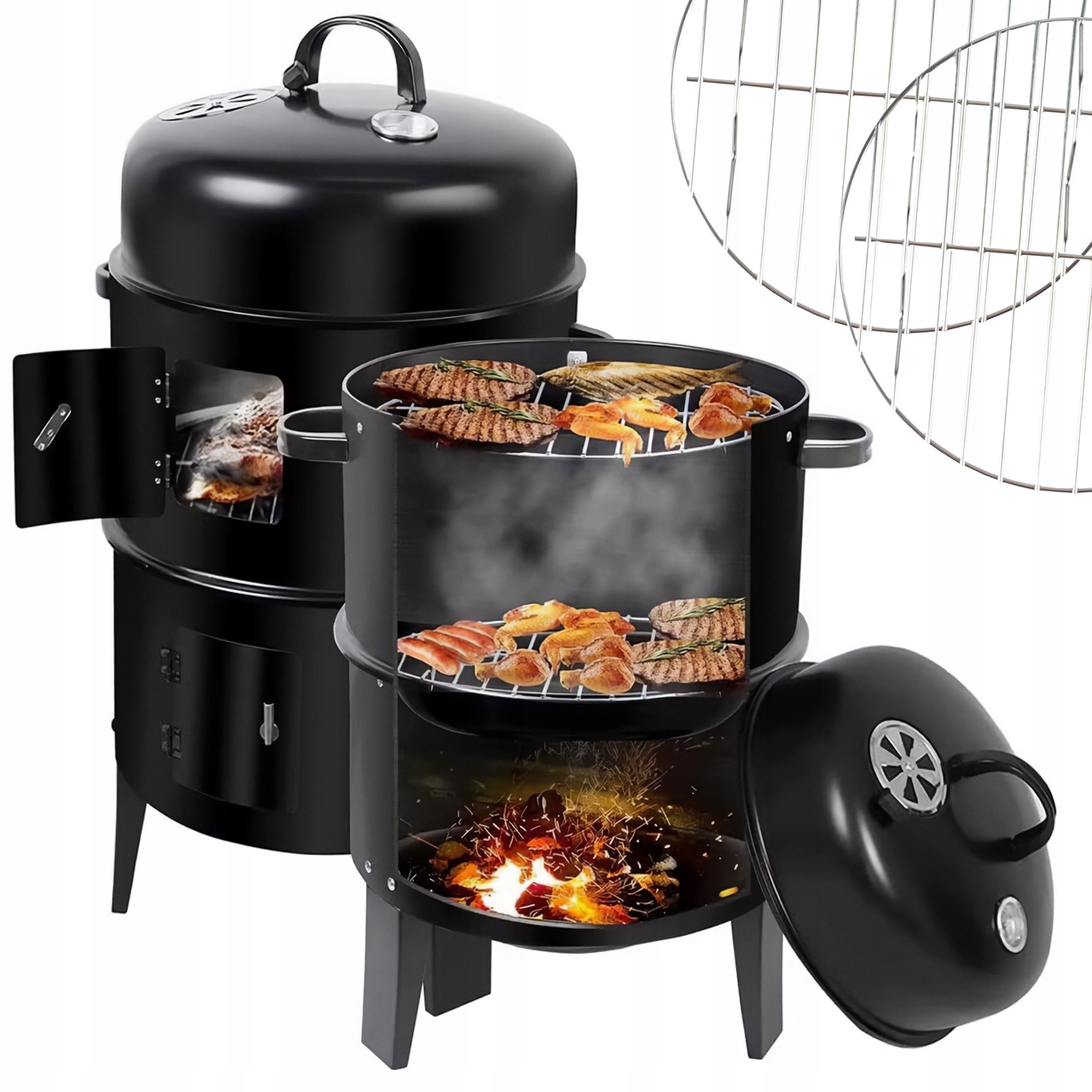 GRILL WĘDZARNIA OGRODOWY WĘGLOWY PALENISKO 3W1 TERMOMETR 3 RUSZTY Szerokość grilla 47 cm