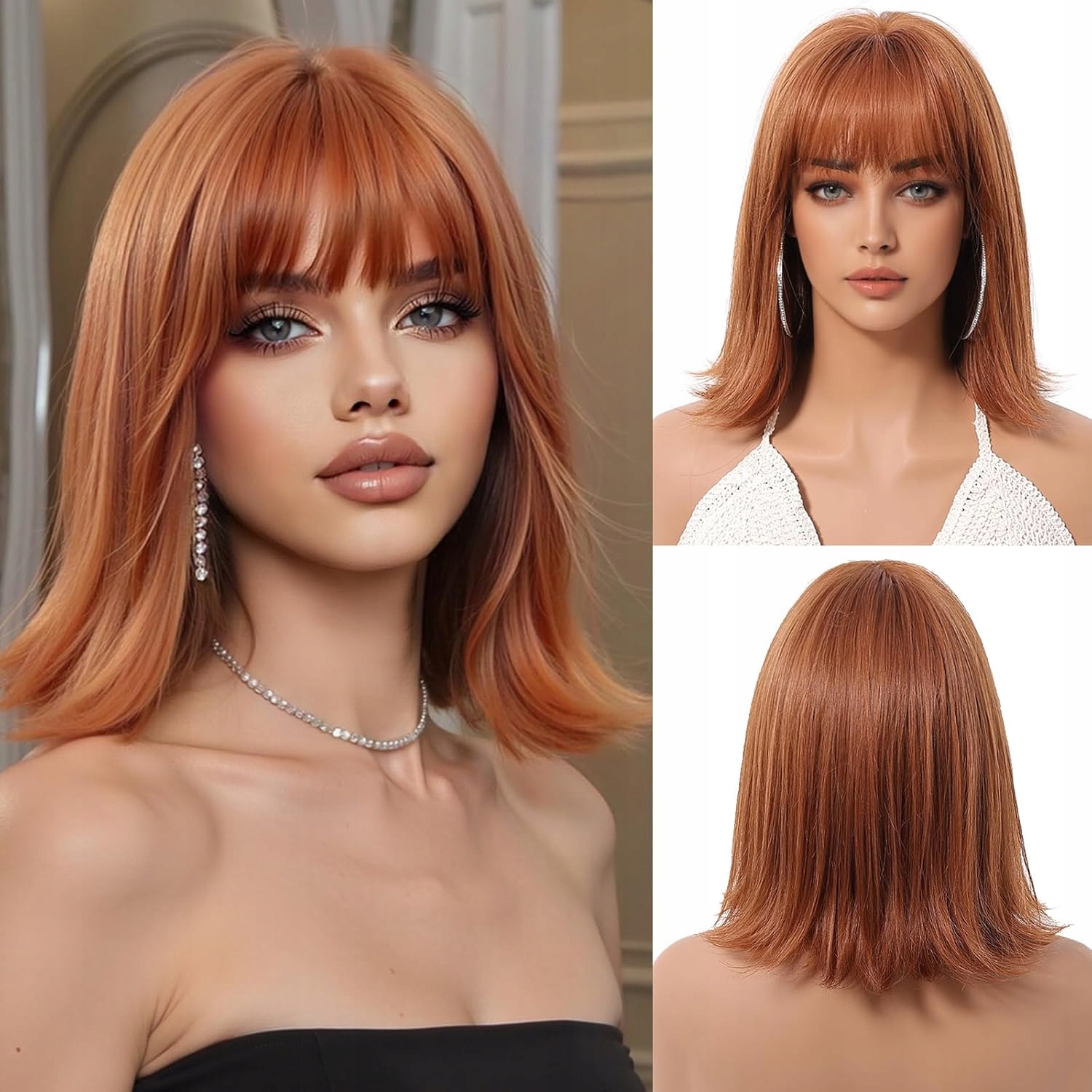 Syntetická paruka rudý bob s ofinou, rovné vlasy, 30 cm