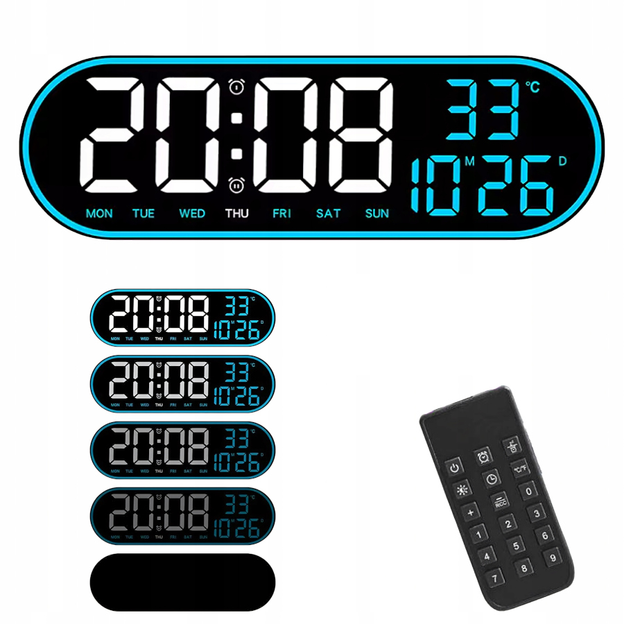 Zegar Ścienny Elektroniczny Duży 38cm Led Termometr Kalendarz Budzik Pilot