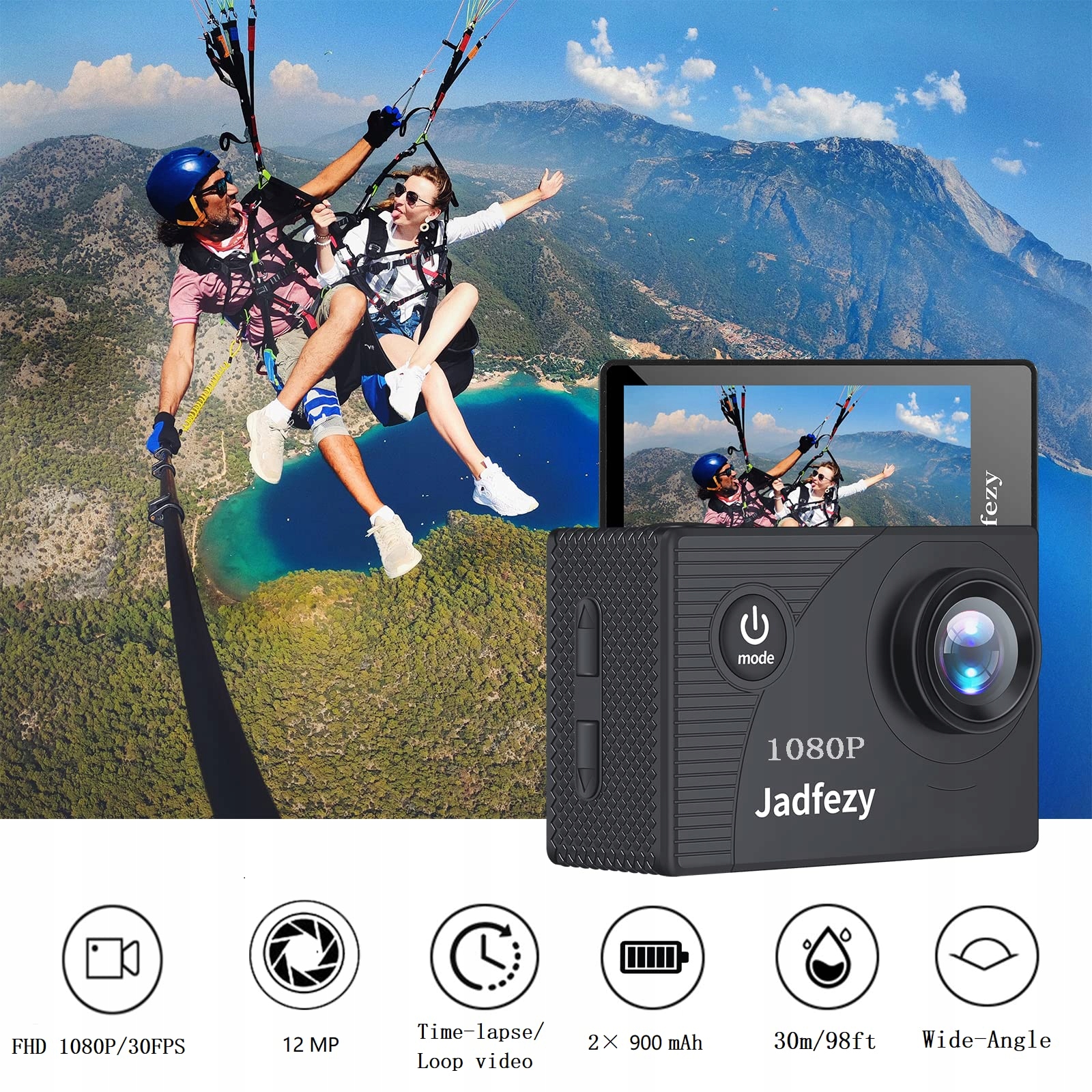 JADFEZY Kamera Sportowa FHD 1080P 12MP Wodoodporna 30M Szeroki Kąt 140° — miniatura 2