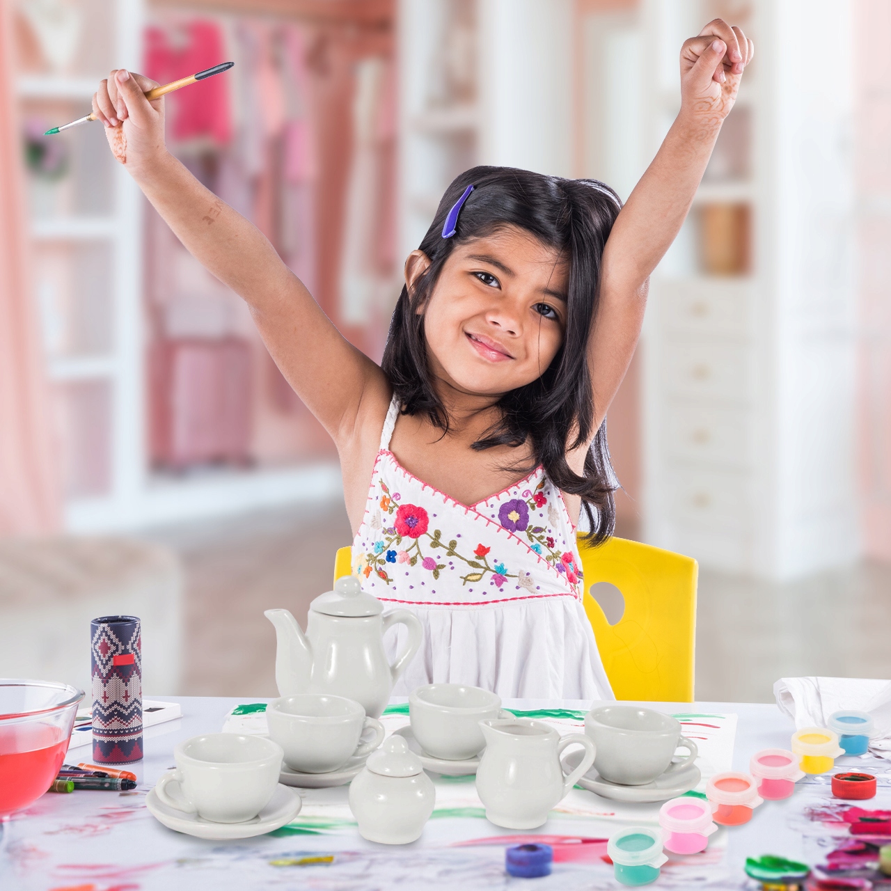 CERAMICZNY ZESTAW DO HERBATKI POMALOWANIA KREATYWNY FARBY PĘDZLE PREZENT Stan opakowania oryginalne