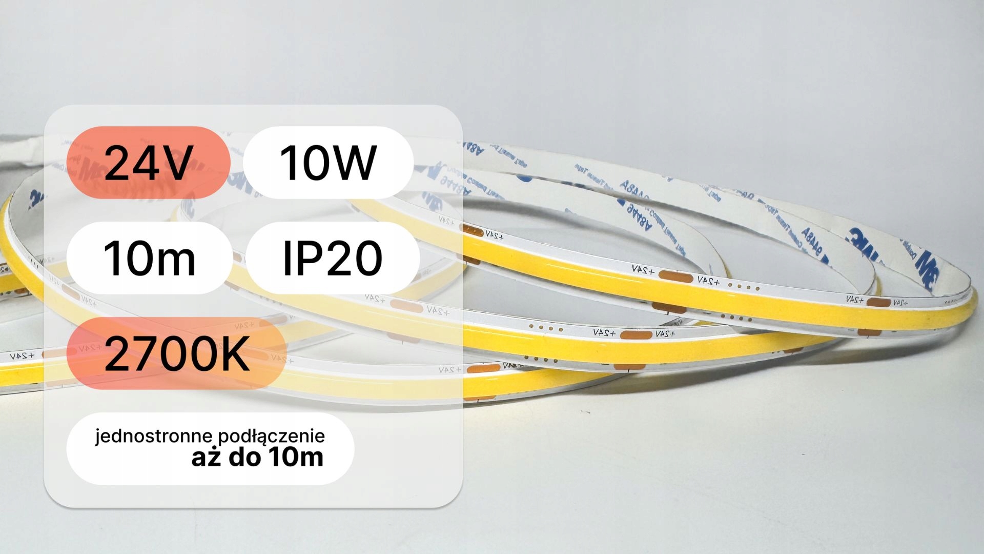 10 metrů Led Páska 24V Cob 10W velmi teplá 2700K jednotná linka