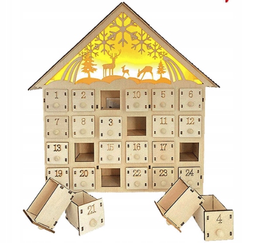 Dřevěný Adventní Kalendář Domeček Led Dárek