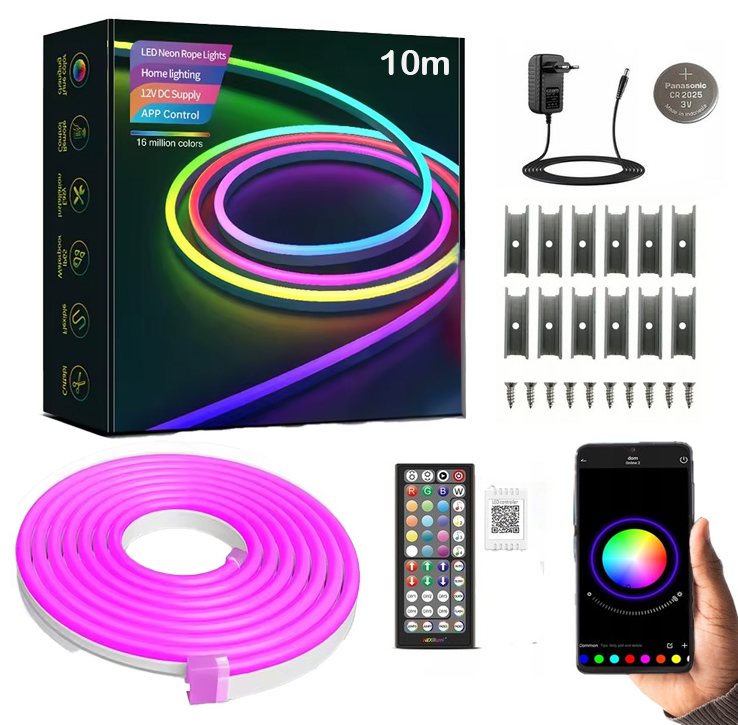 Led Pásek Neon 10M (1x10) Rgb Bluetooth Aplikace Dálkový Ovladač IP67 24V Vodotěsný