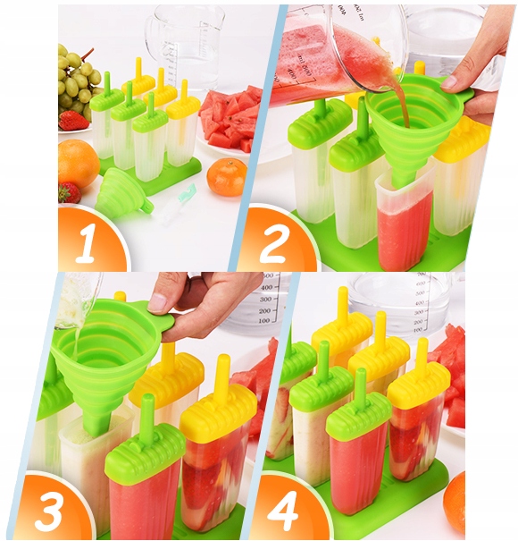 FOREMKA FORMA DO LODÓW SORBETÓW NA PATYKU LODY SOK DOMOWE STOJAK 6 szt Długość 190 mm