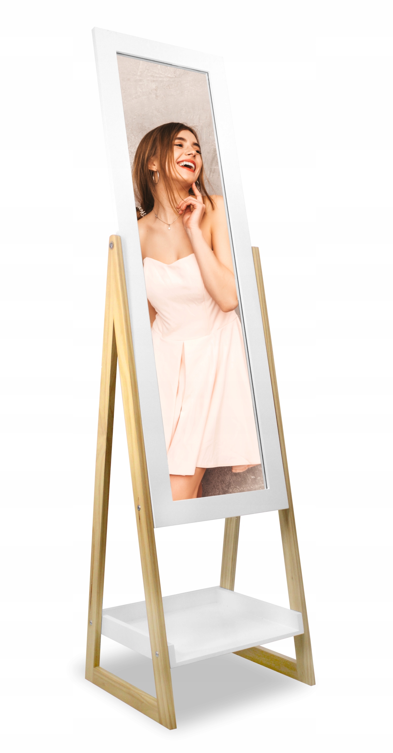 LUSTRO STOJĄCE PÓŁKA DREWNIANE 149CM W RAMIE BIAŁE Głębokość mebla 36.5 cm