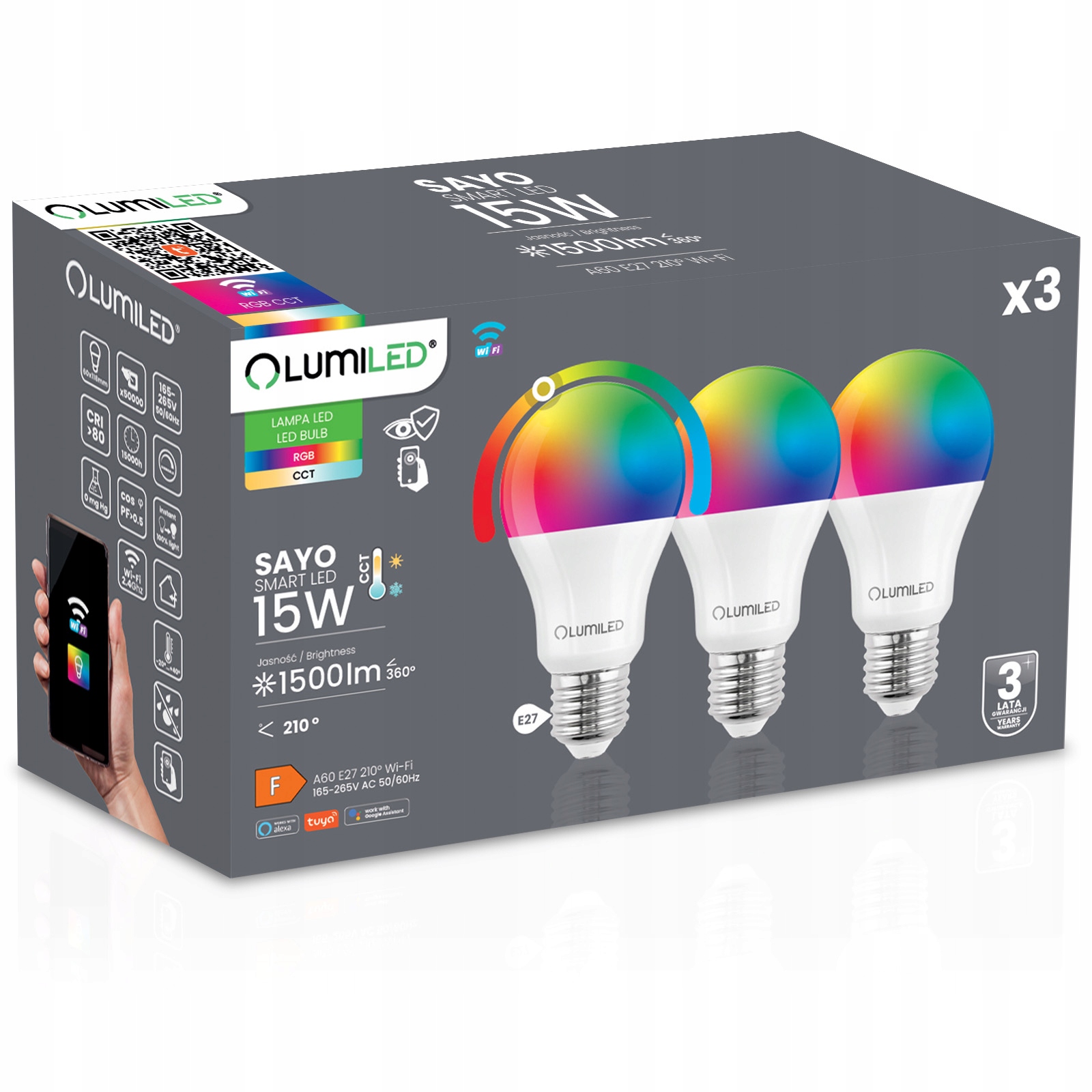 3x Led žárovka E27 A65 15W Tuya Rgb Cct Stmívatelná Inteligentní WiFi Smart