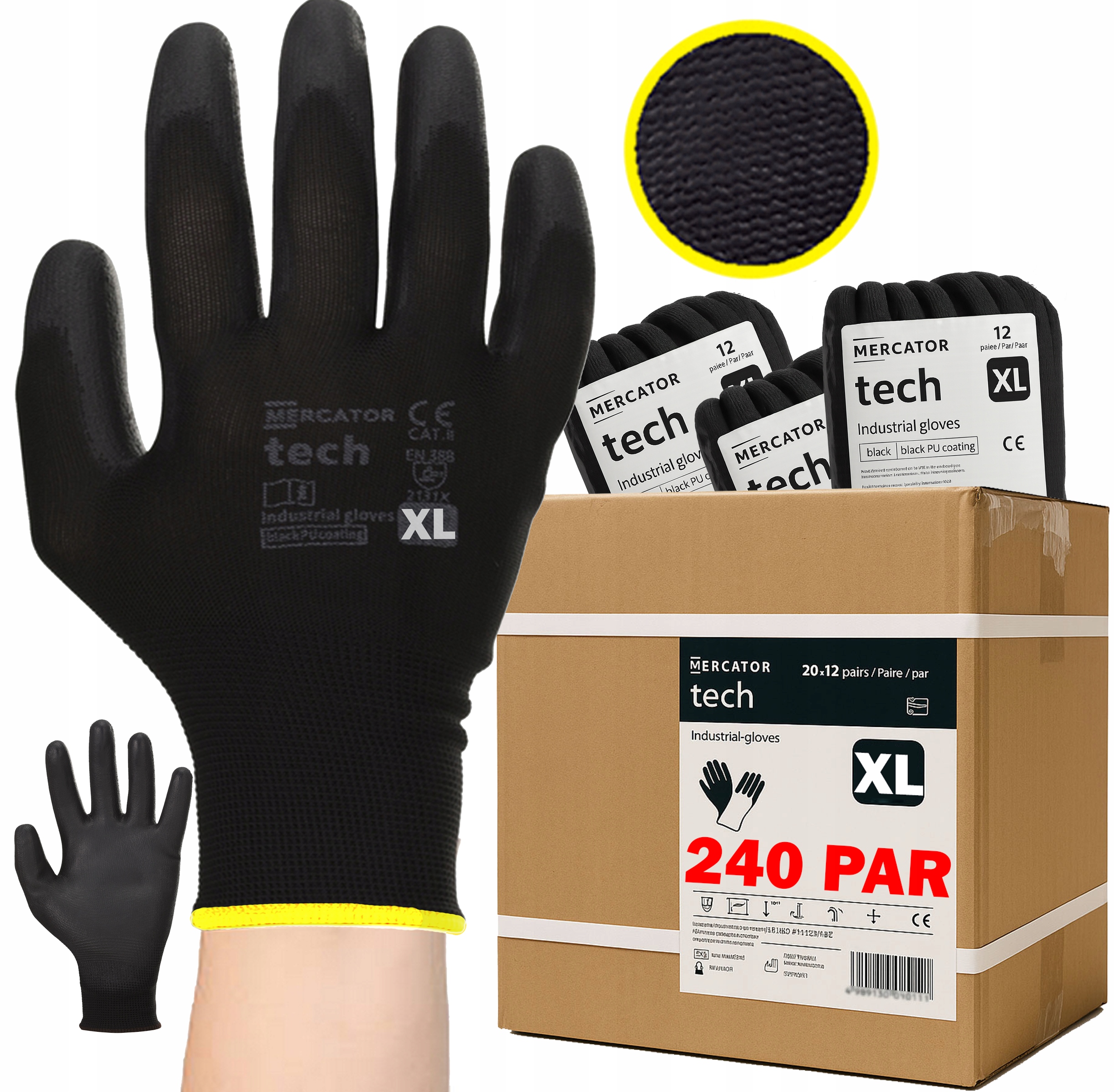 240x Pohodlné pracovní rukavice Mercator Stahovák Odolný Black Tech – roz.XL