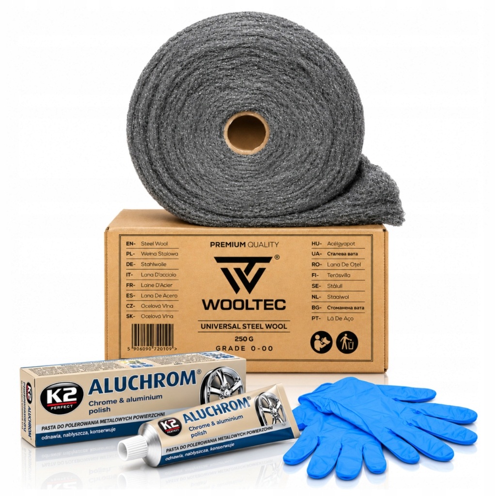 Zestaw do Polerowania Felg Aluminiowych Wełna Stalowa 250g K2 Aluchrom 120g