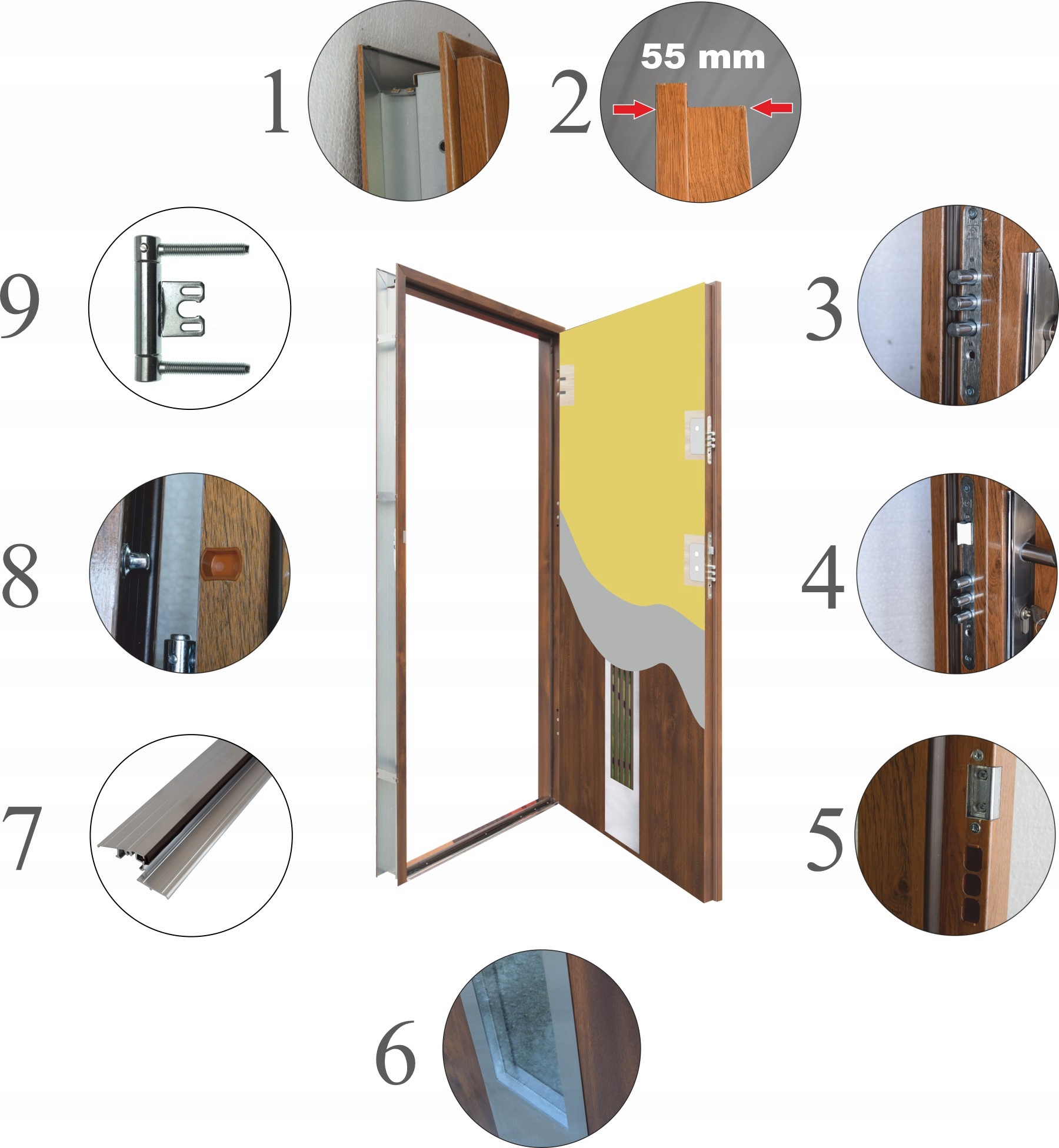 Drzwi wejściowe GEREDA 55mm GALA 87 BLACK Złoty dąb Lewe 90 na zewnątrz Sposób otwierania na zewnątrz