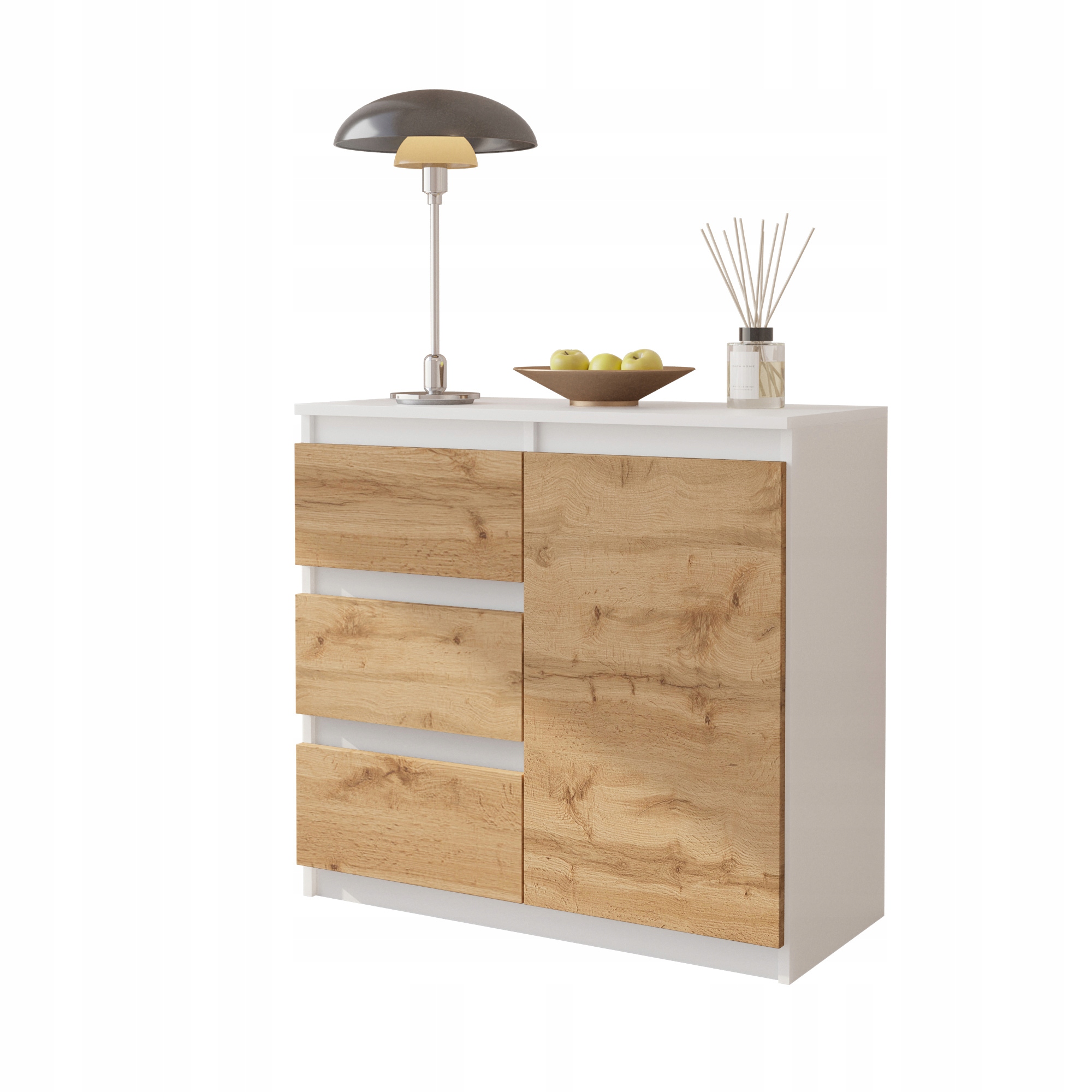 Komoda 80 CM Biały Mat Dąb Wotan 3 Szuflady, 1 Drzwi, 1 Półka Salon