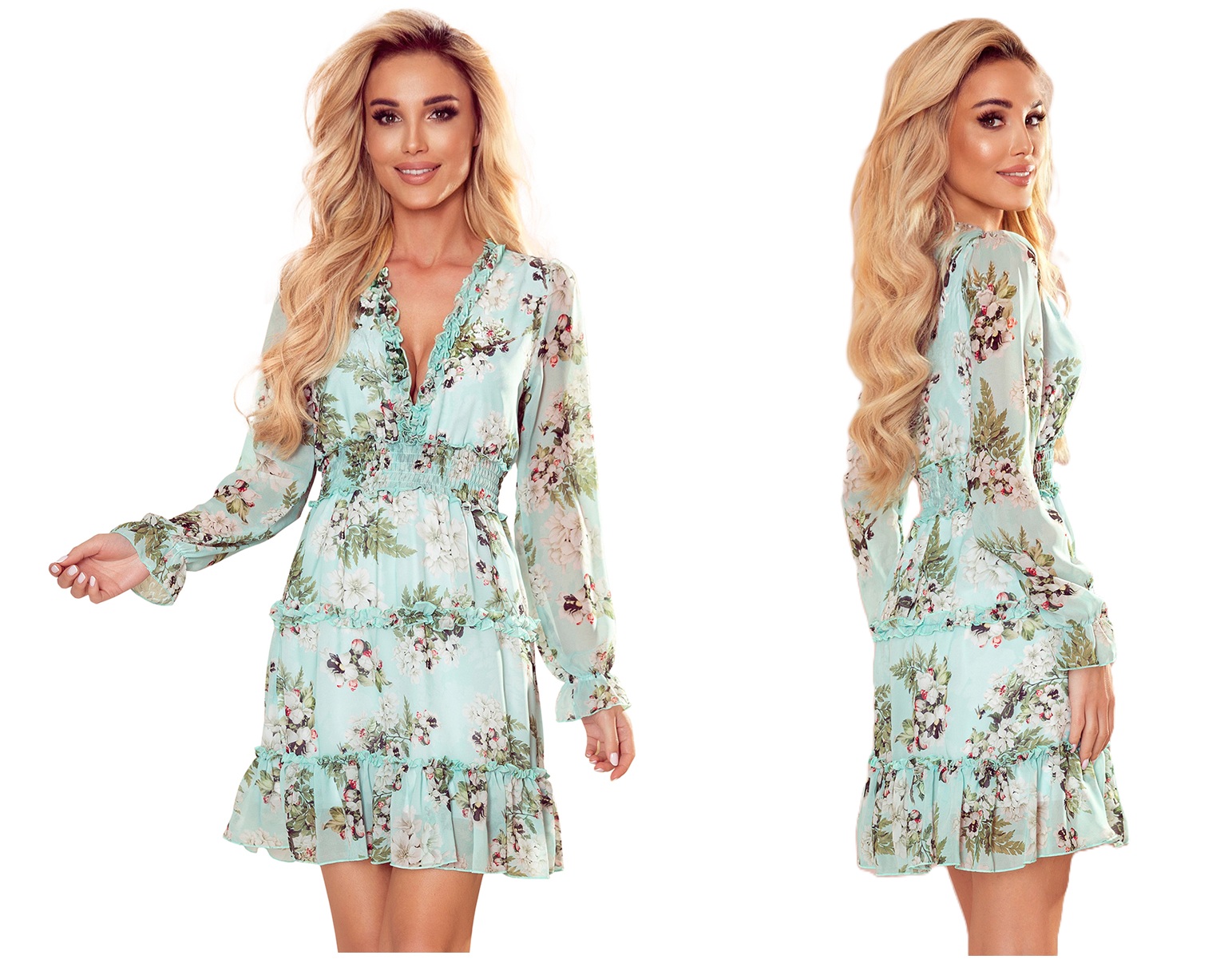 Šifonová Lehká Šaty S Volánky, Stahovací Guma V Pase, Květiny L