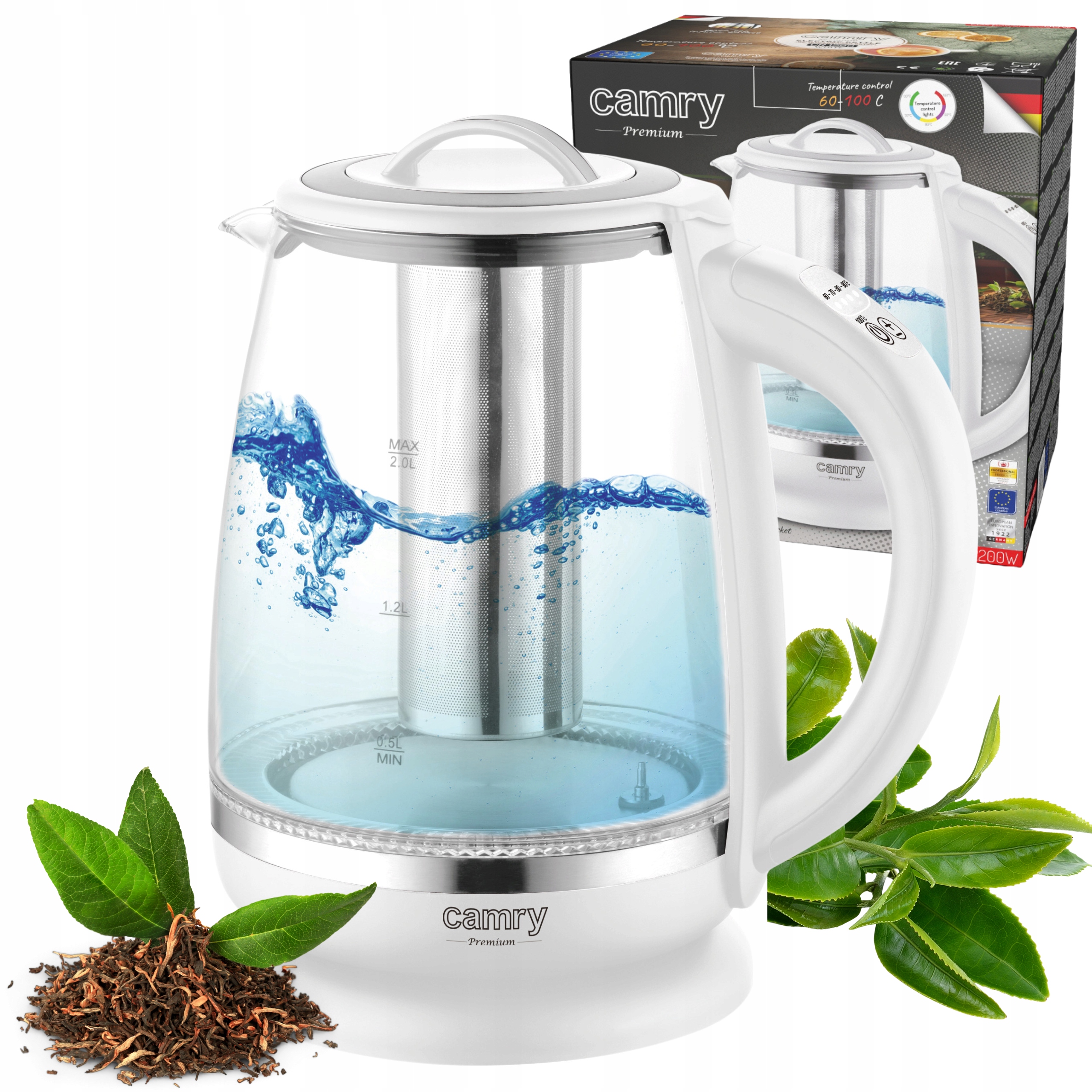 Elektrická konvice bezdrátová skleněná 2L 2200W regulace teploty