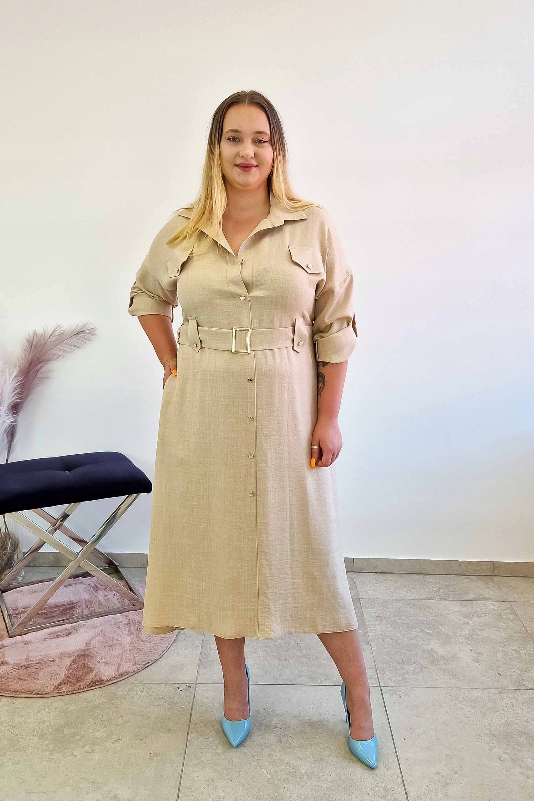 Elegantní maxi košilové Šaty s páskem béžové barvy 2