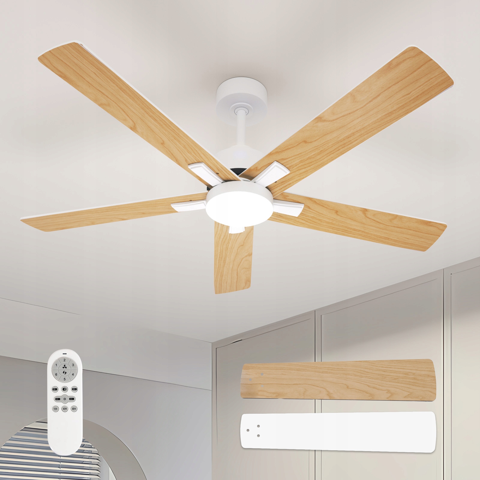 Stropný ventilátor drevo+biela stropné svietidlo Led stmievateľné+diaľkové ovládanie 35W