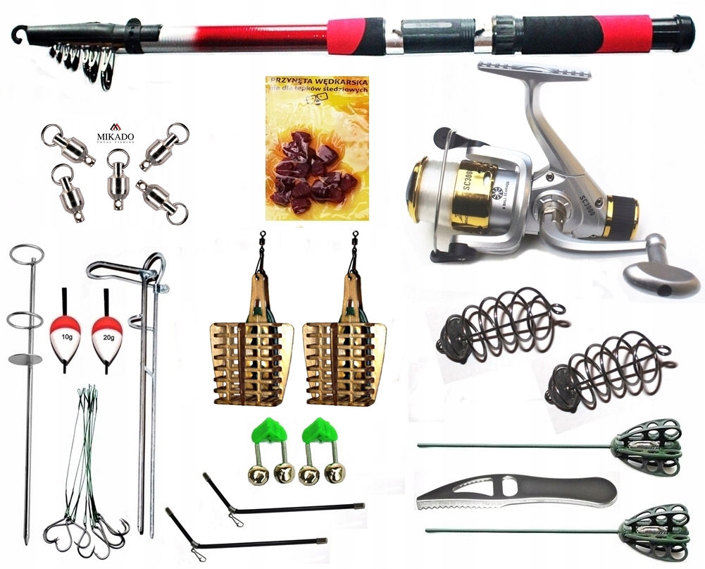 WĘDKA 450cm. + AKCESORIA NA GRUNT I NA ŻYWCA.