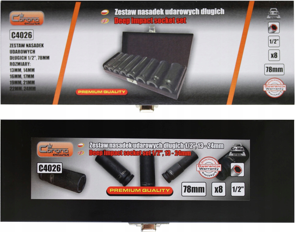 NASADKI UDAROWE ZESTAW 1/2'' DŁUGIE 13-24mm C4026 Marka RICHMANN
