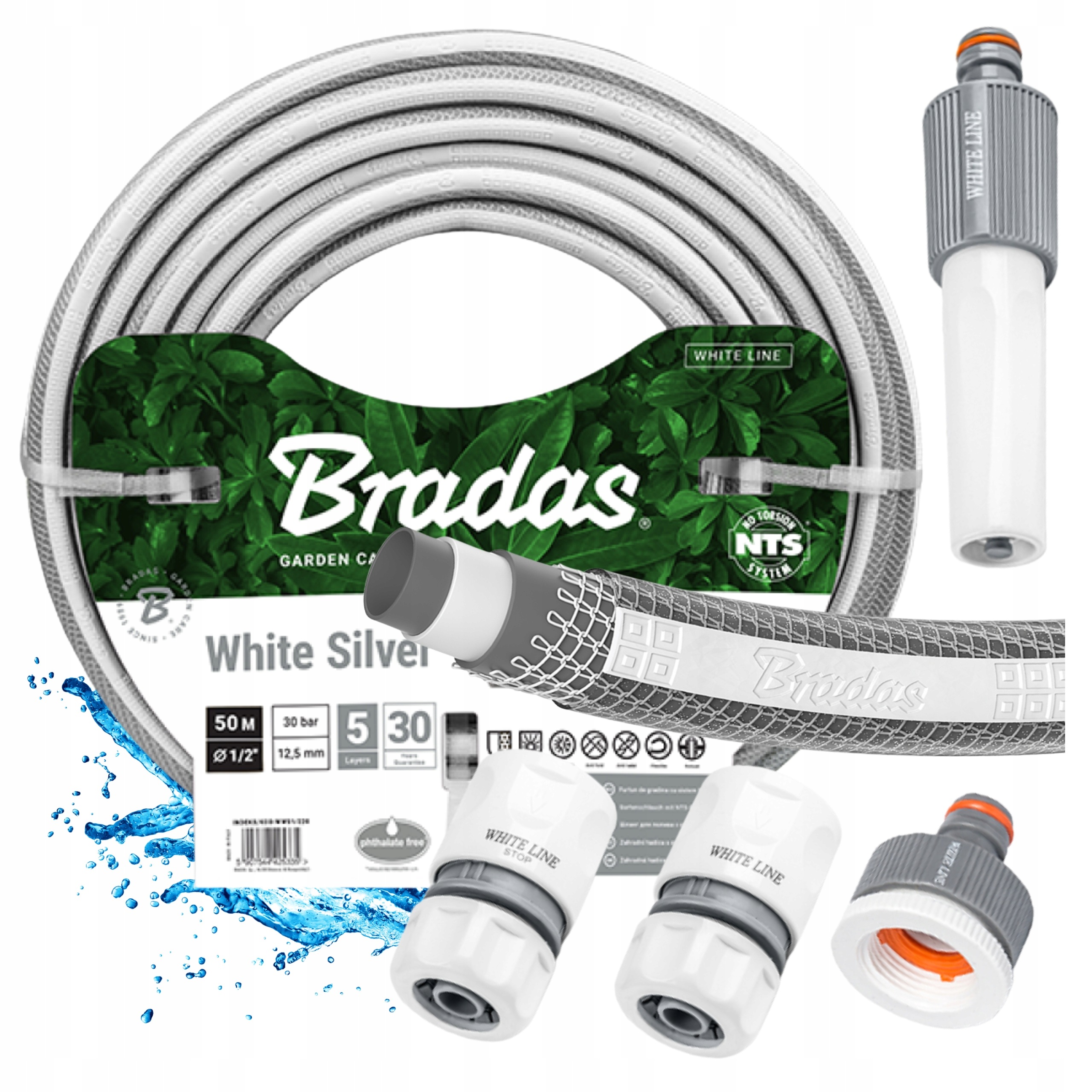 Hadice Konektory 5VRSTVÁ 1/2" 50m Navíjecí Elastická Bílá Stříbrná