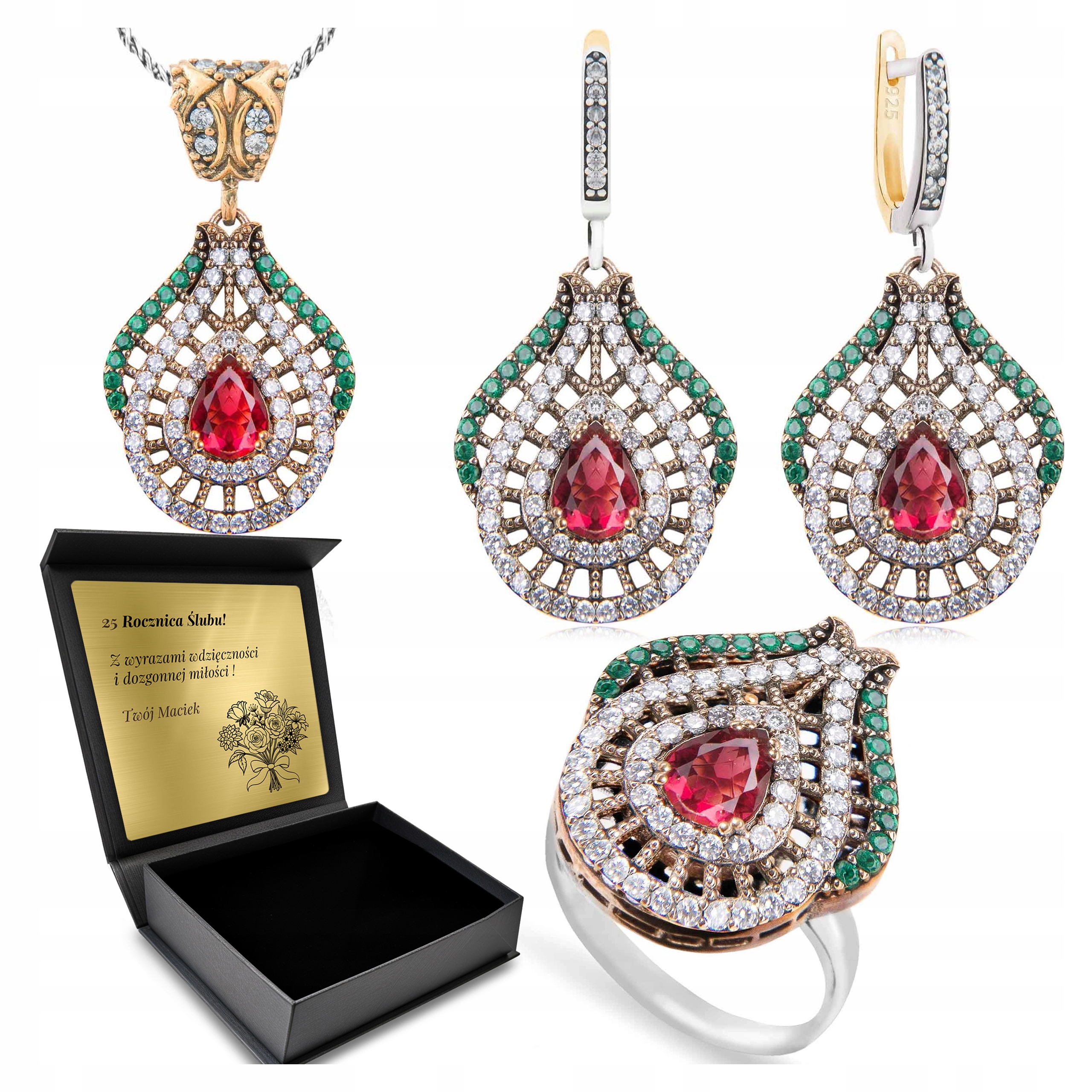 Komplet Stříbrných Šperků 925 Zirkony Rubín Smaragd Gravírování Bonus