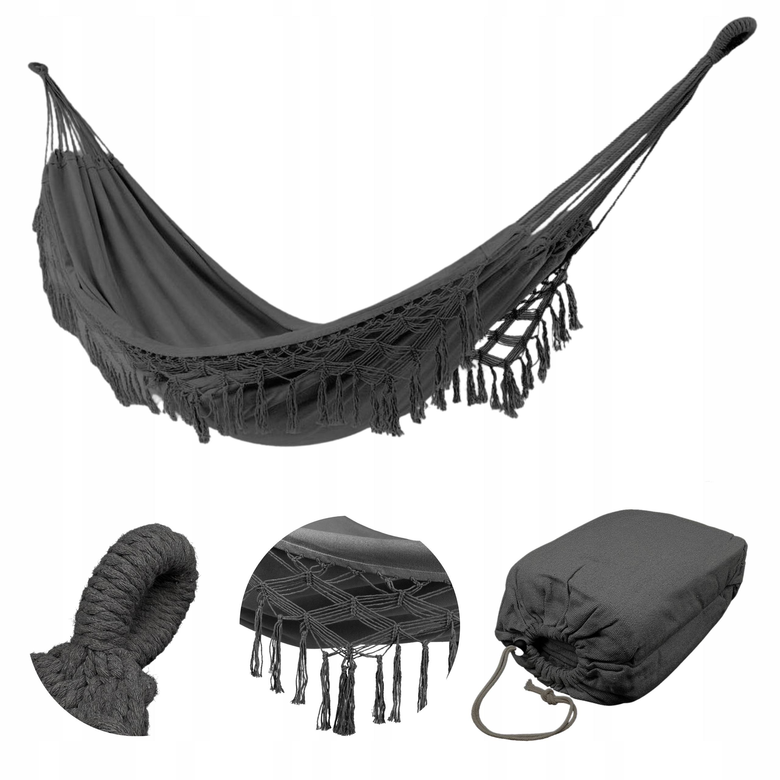 Hamak Brazylijski Dwuosobowy XL Boho Pokrowiec Mocny Obciążenie 220kg Szary