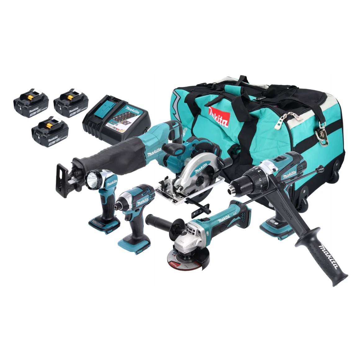 Zestaw 18V Makita DGA452 DHP458 DJR186 DML802 DSS610 DTD152